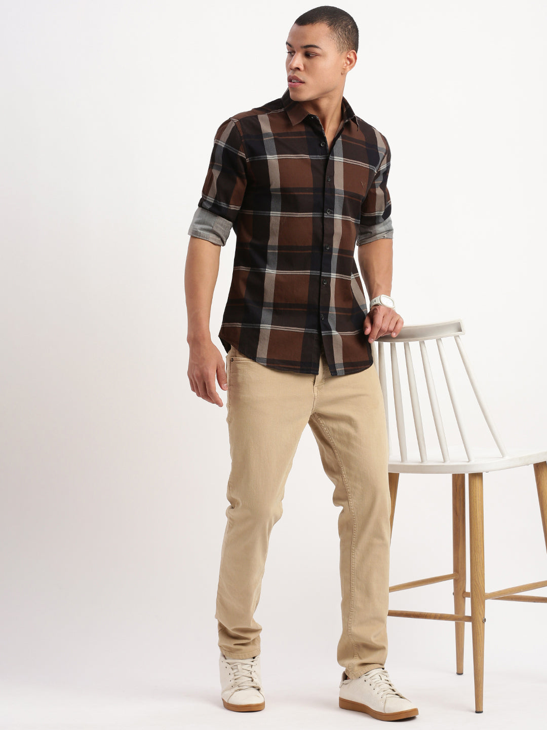 Men Tartan Checks Brown Shirt