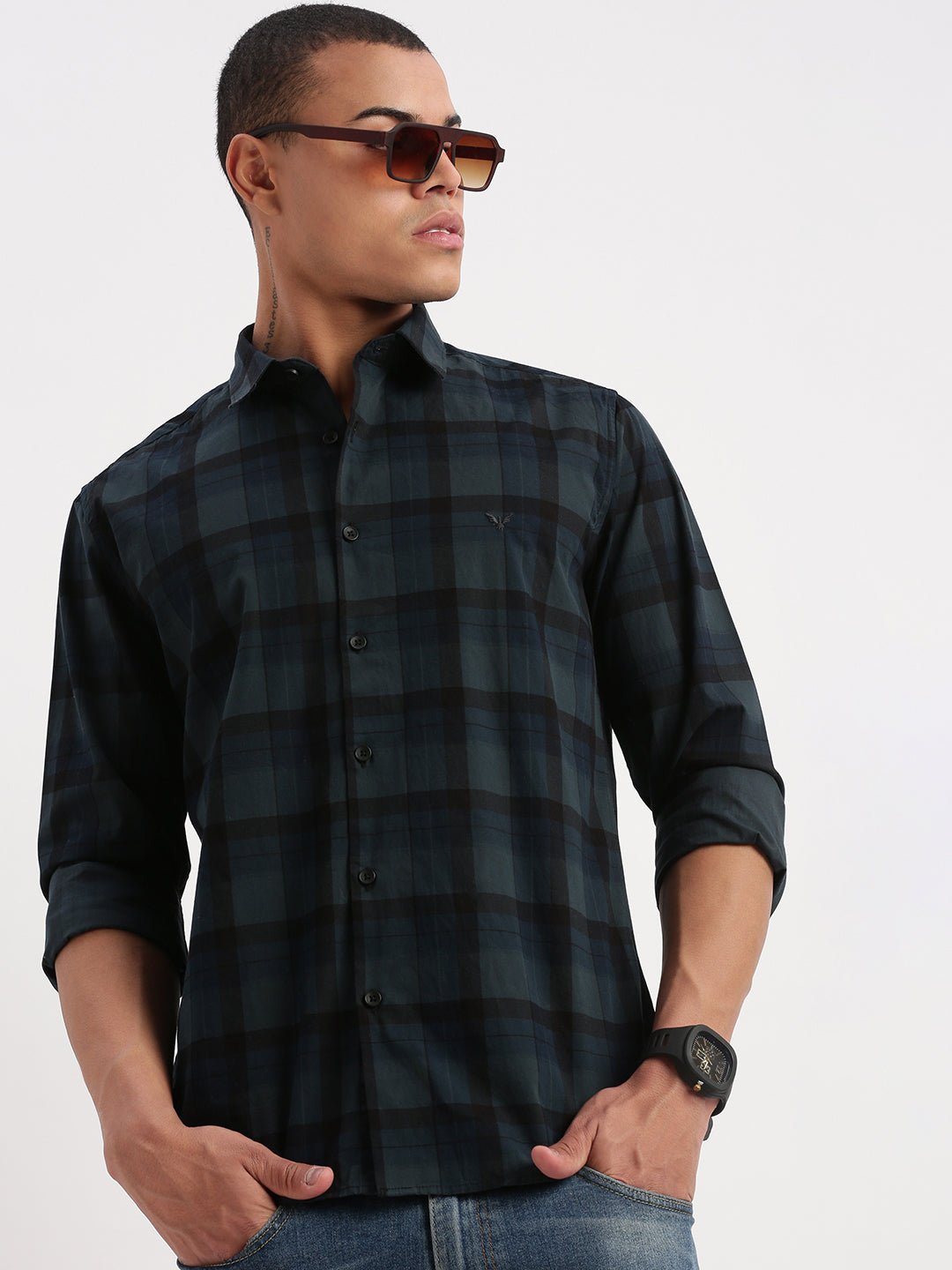 Men Tartan Checks Teal Shirt