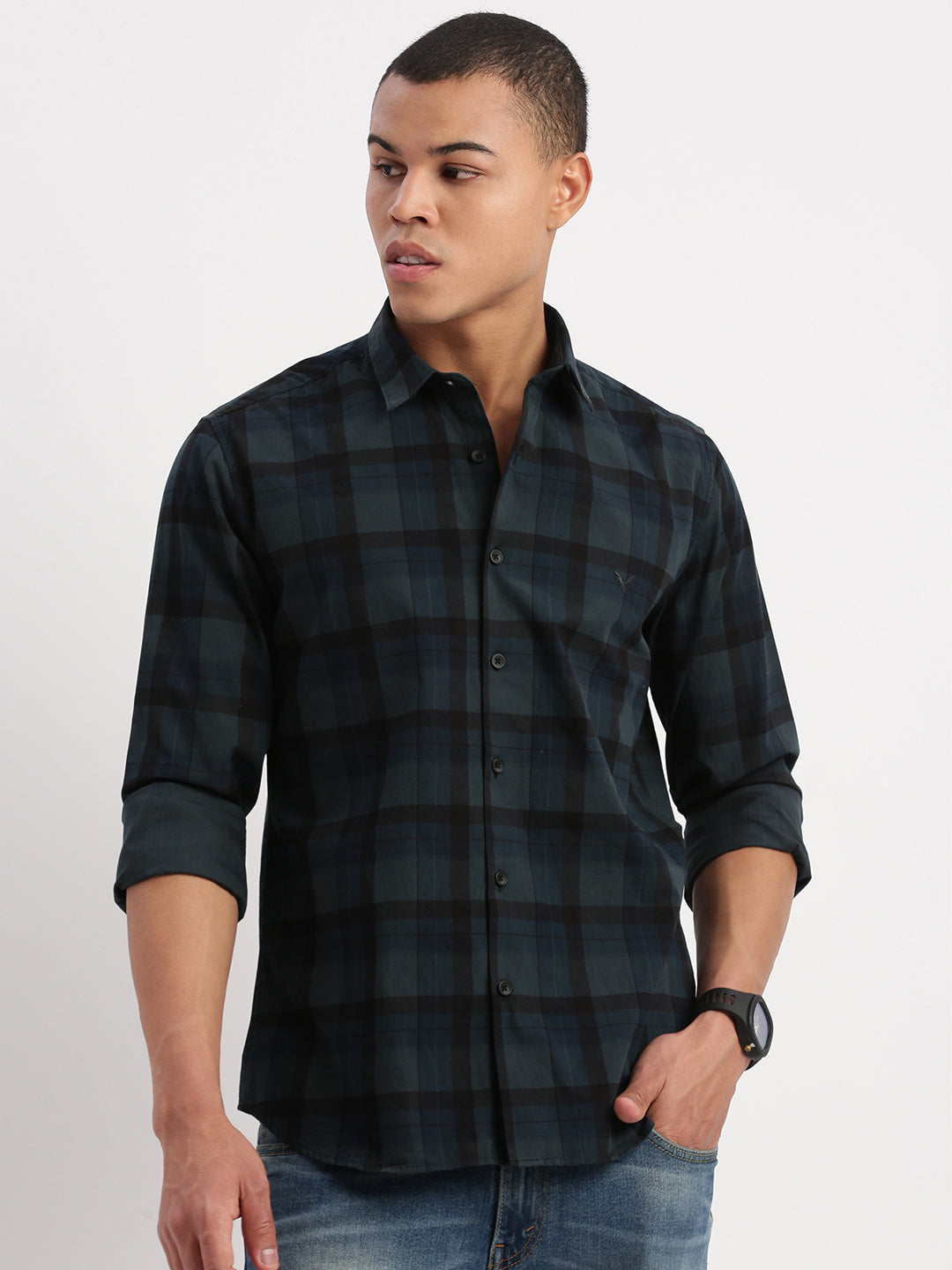 Men Tartan Checks Teal Shirt