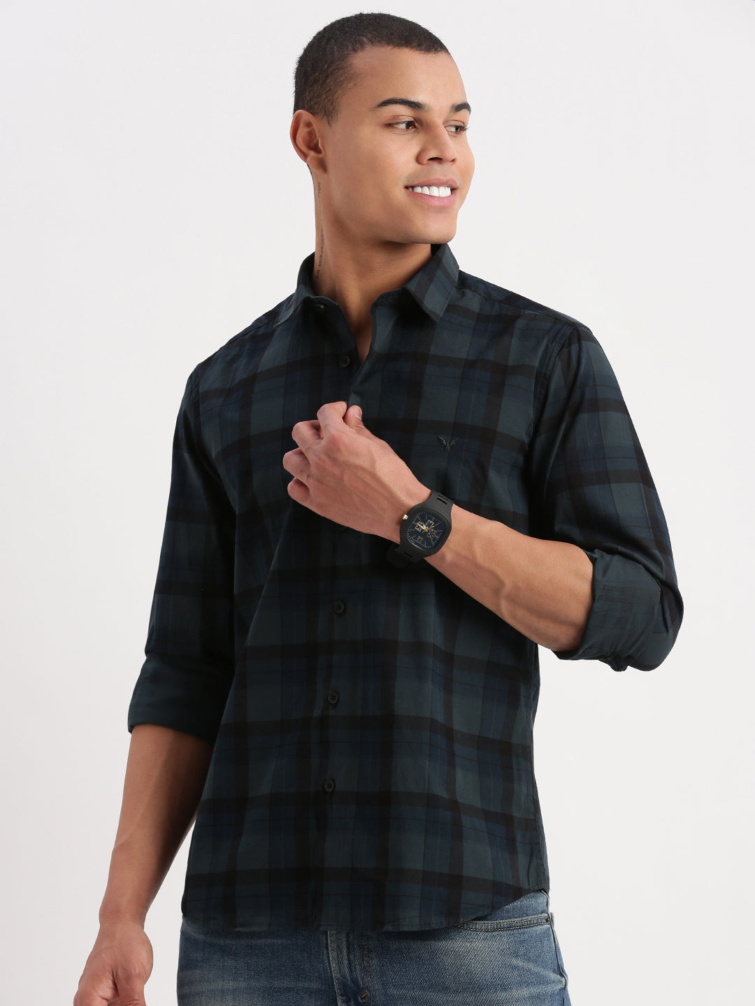 Men Tartan Checks Teal Shirt