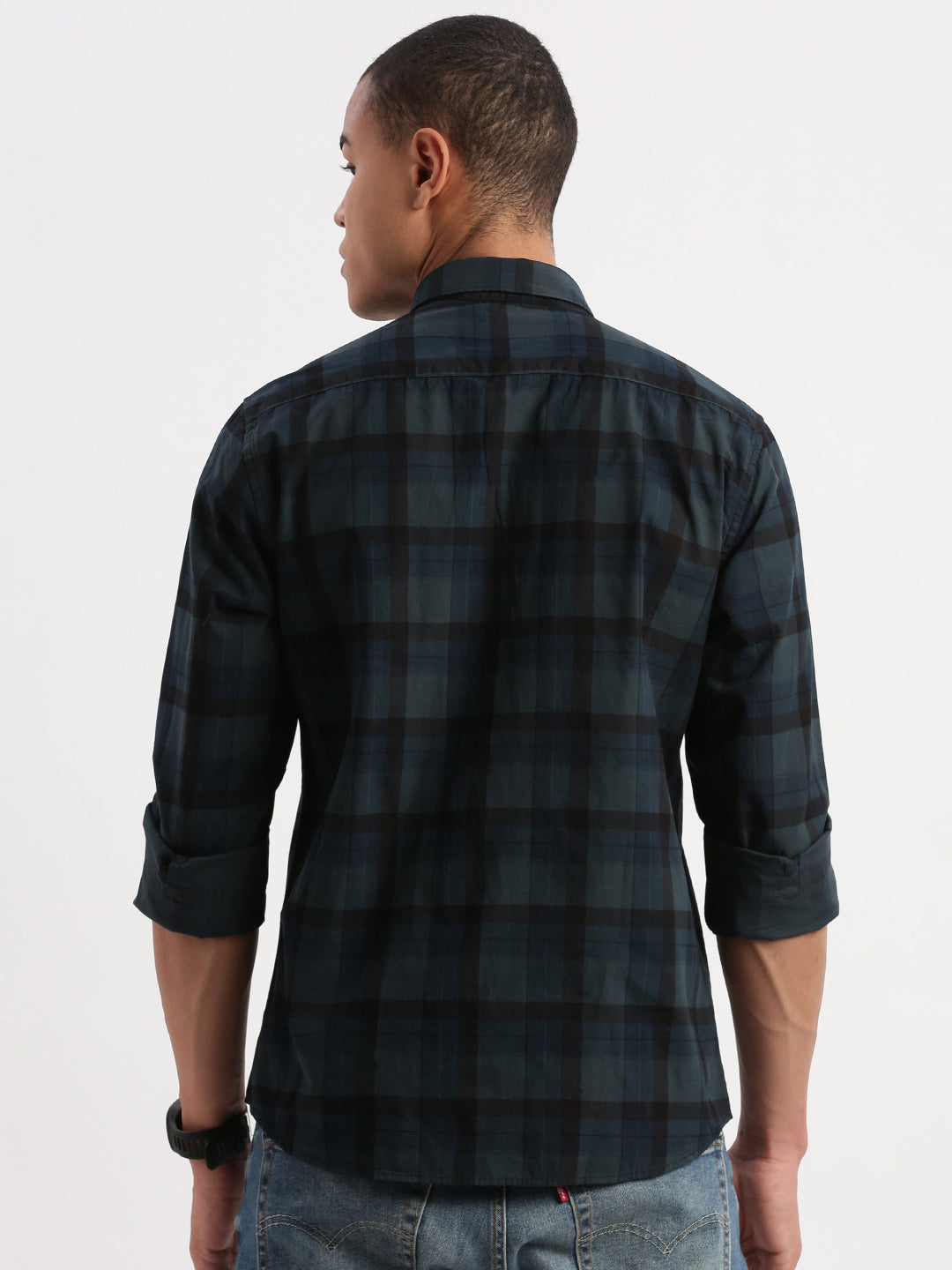 Men Tartan Checks Teal Shirt