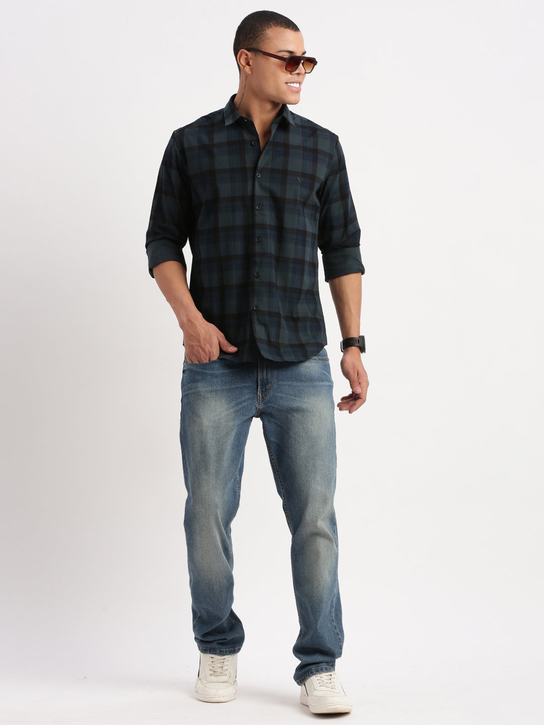 Men Tartan Checks Teal Shirt