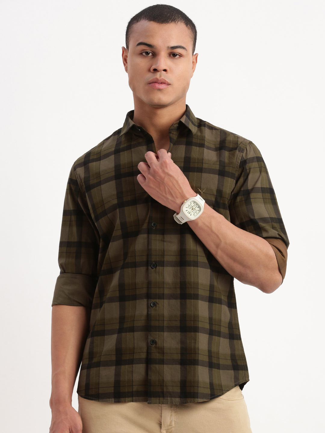 Men Tartan Checks Olive Shirt