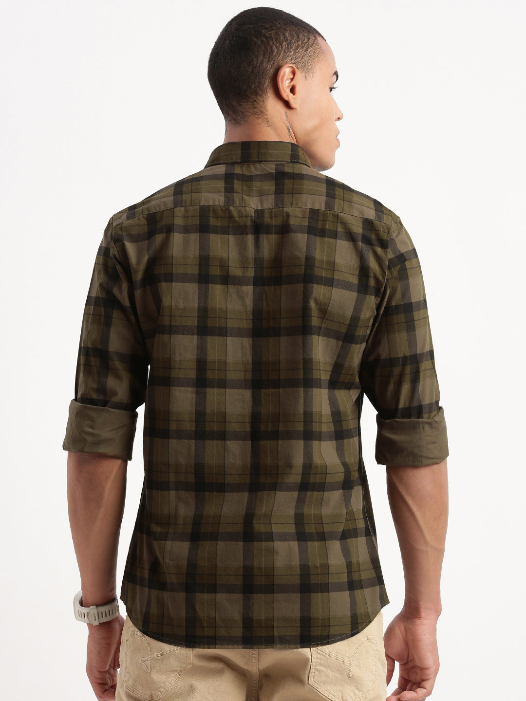 Men Tartan Checks Olive Shirt