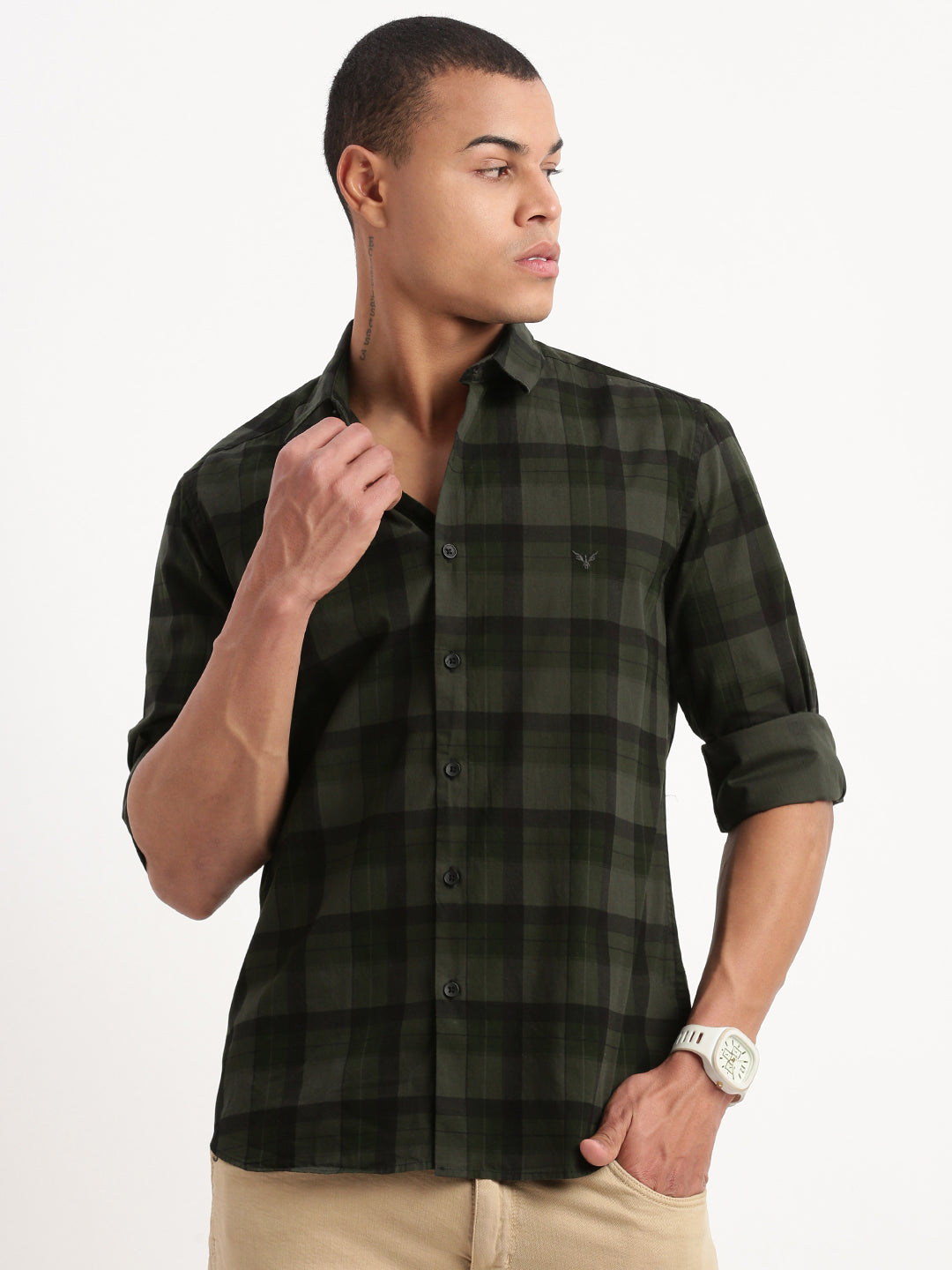 Men Tartan Checks Green Shirt