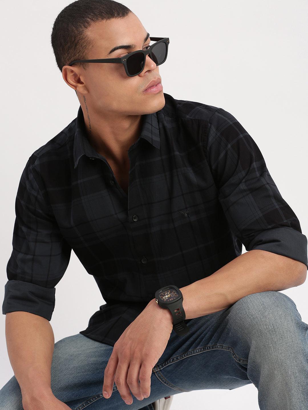 Men Tartan Checks Teal Shirt