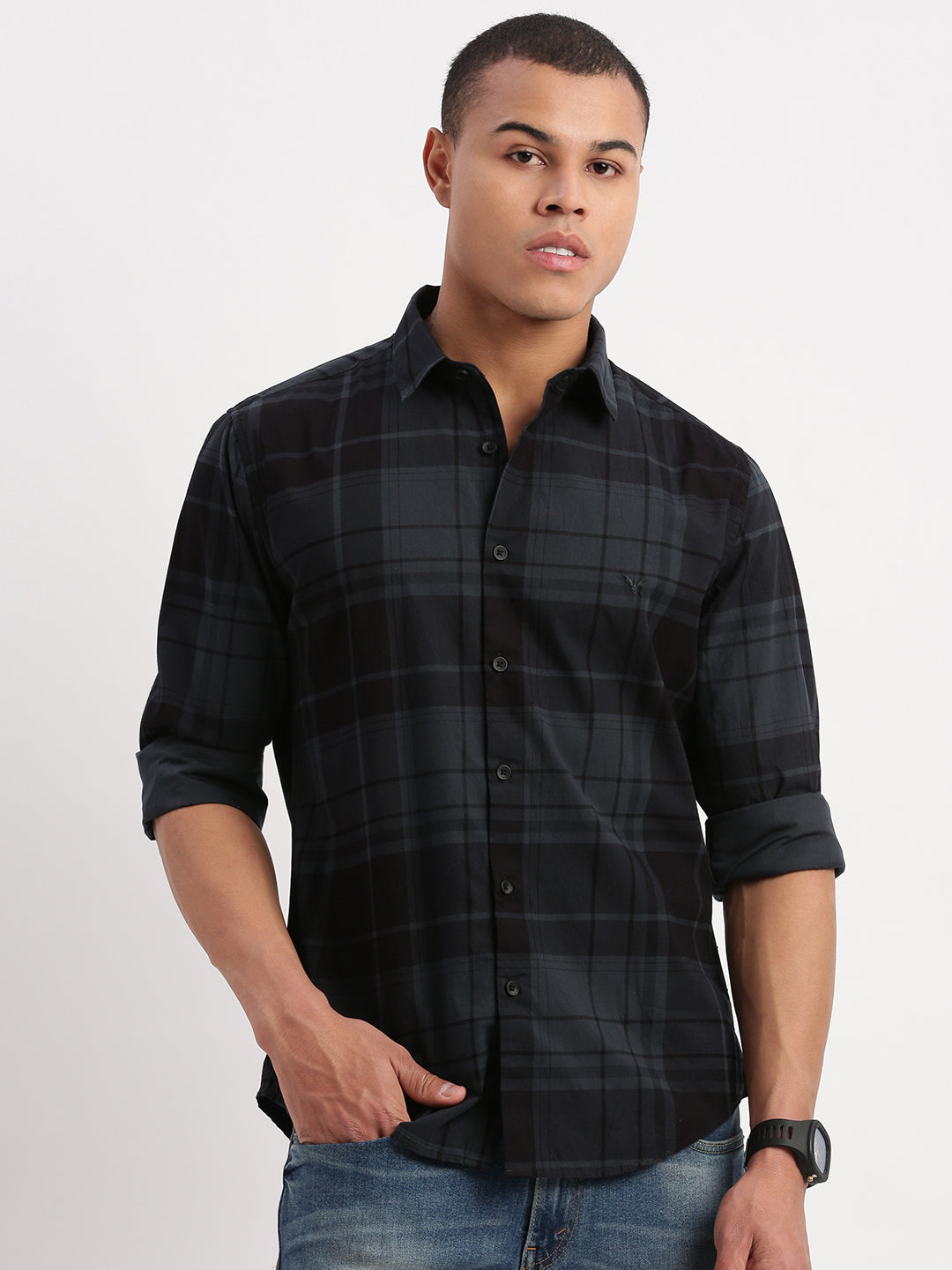 Men Tartan Checks Teal Shirt