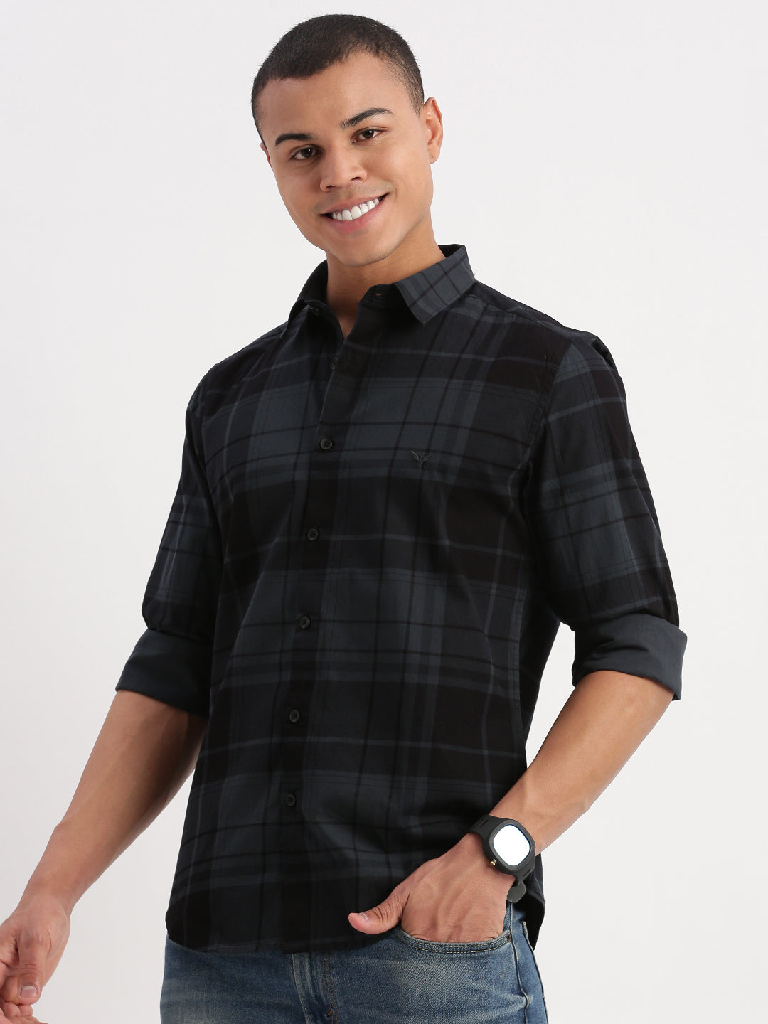 Men Tartan Checks Teal Shirt