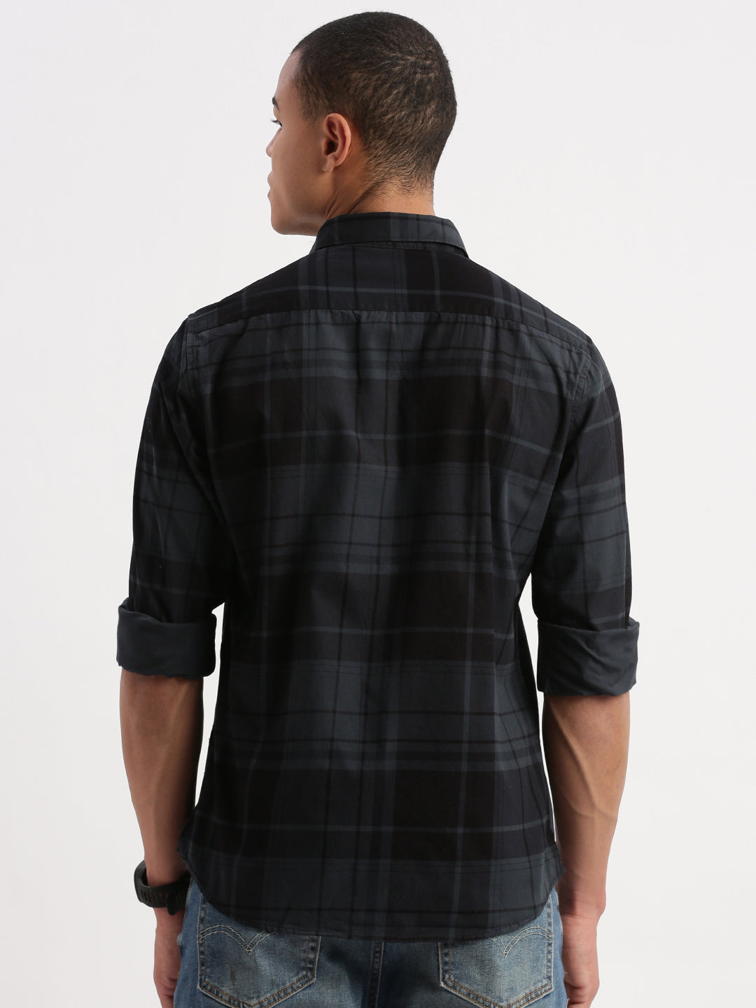 Men Tartan Checks Teal Shirt