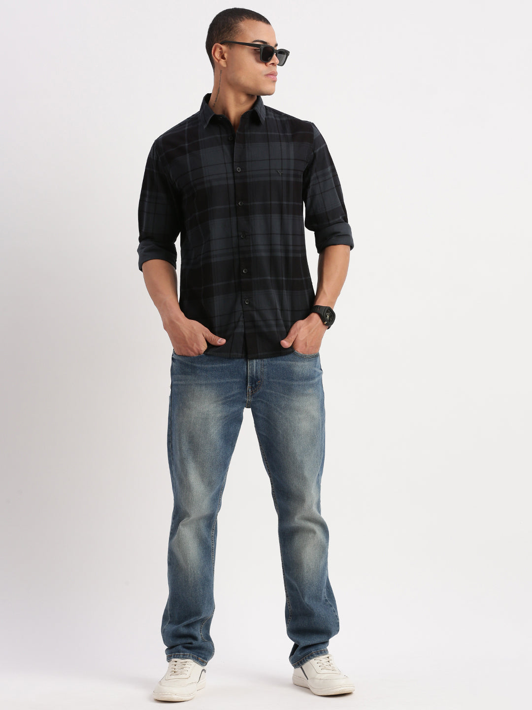 Men Tartan Checks Teal Shirt