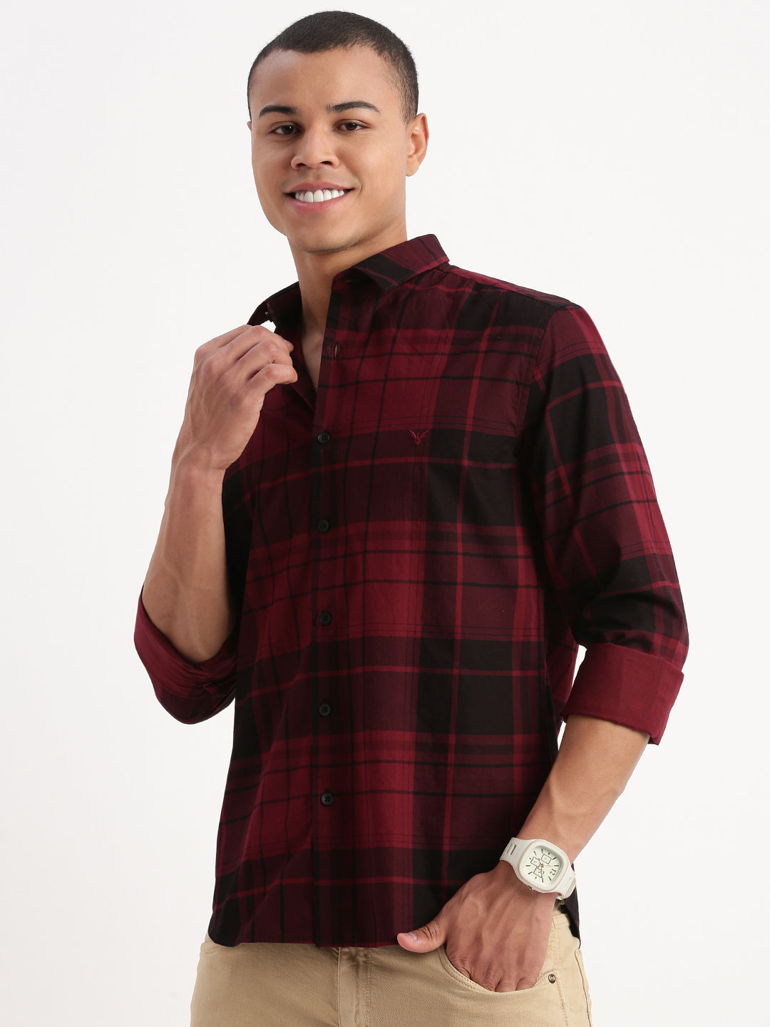 Men Tartan Checks Maroon Shirt