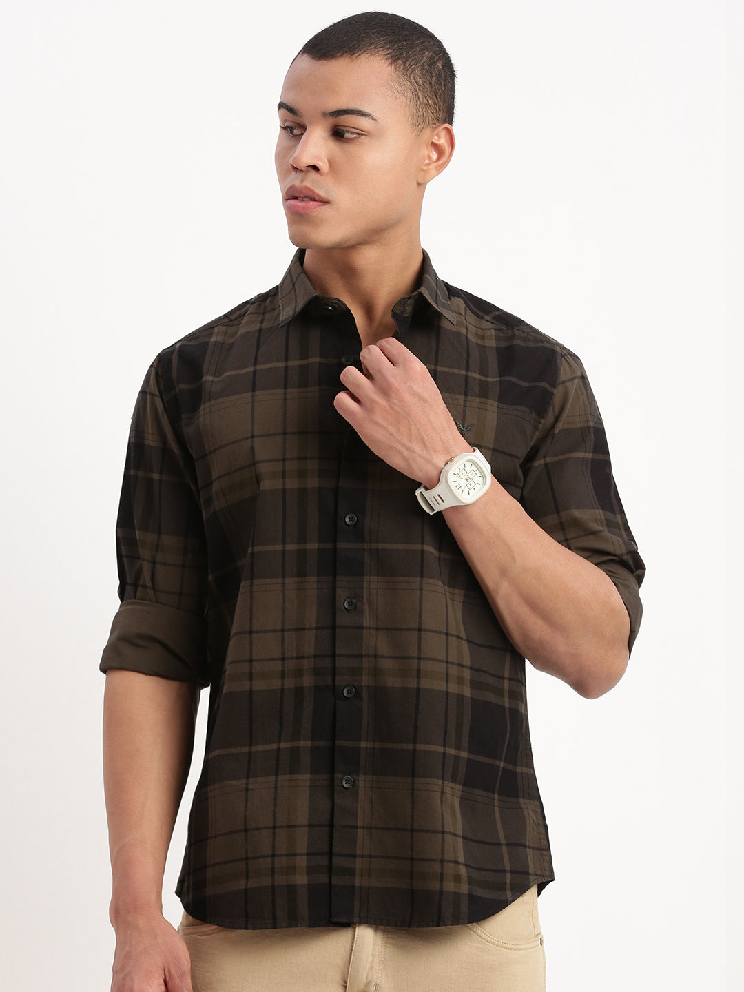 Men Tartan Checks Olive Shirt