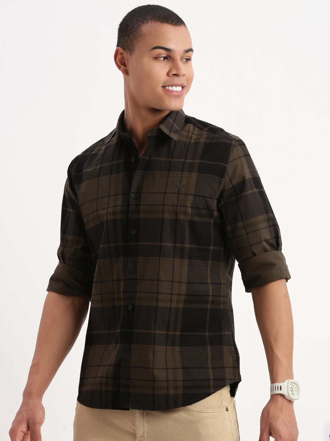 Men Tartan Checks Olive Shirt