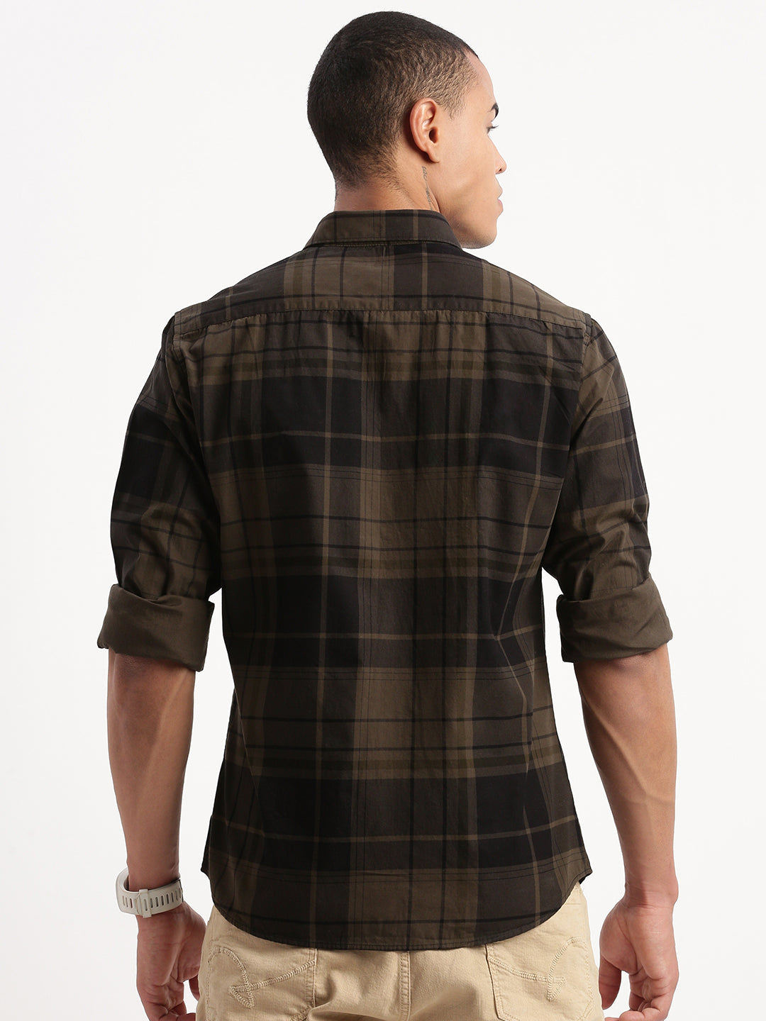 Men Tartan Checks Olive Shirt