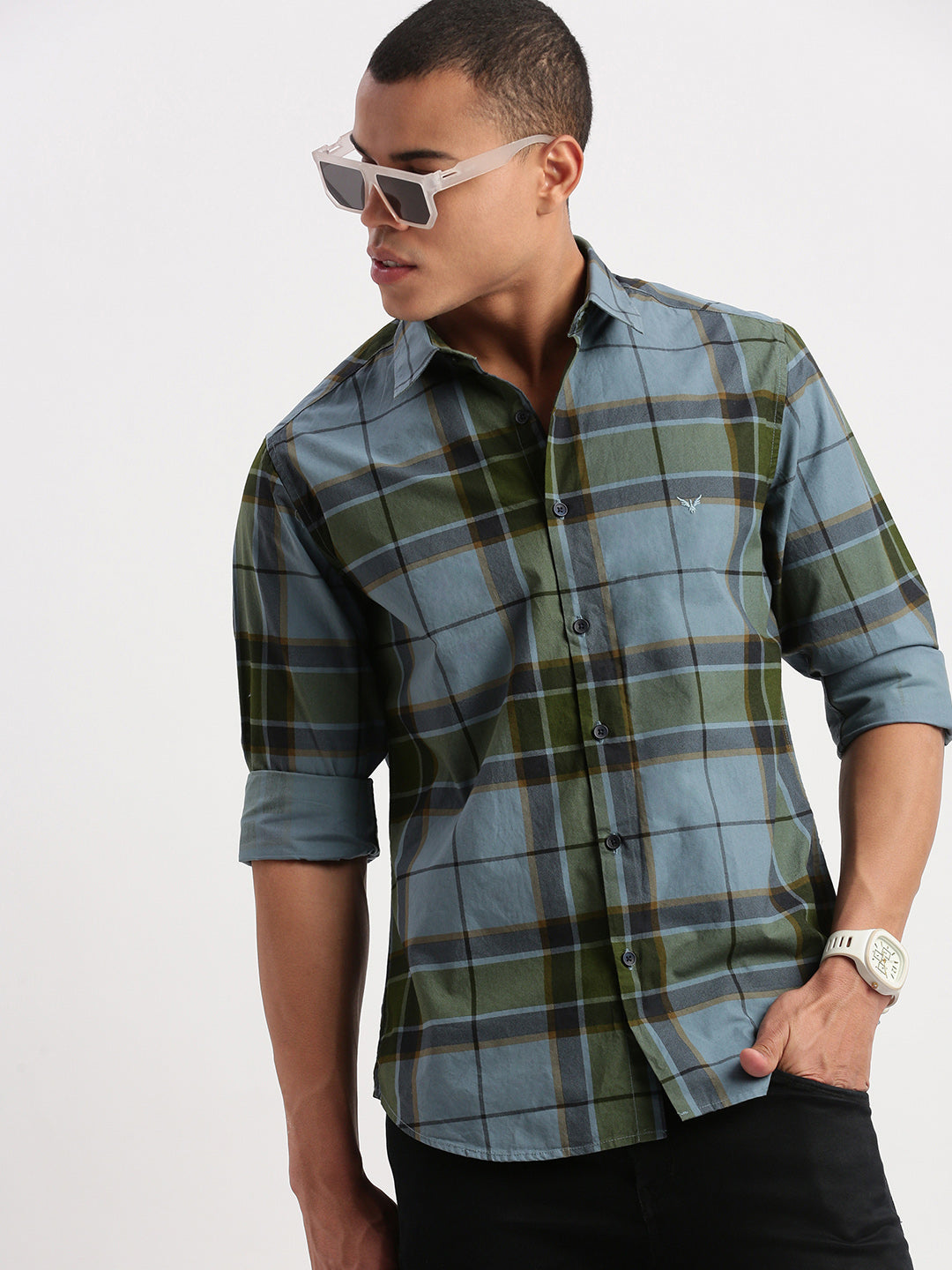 Men Tartan Checks Blue Shirt