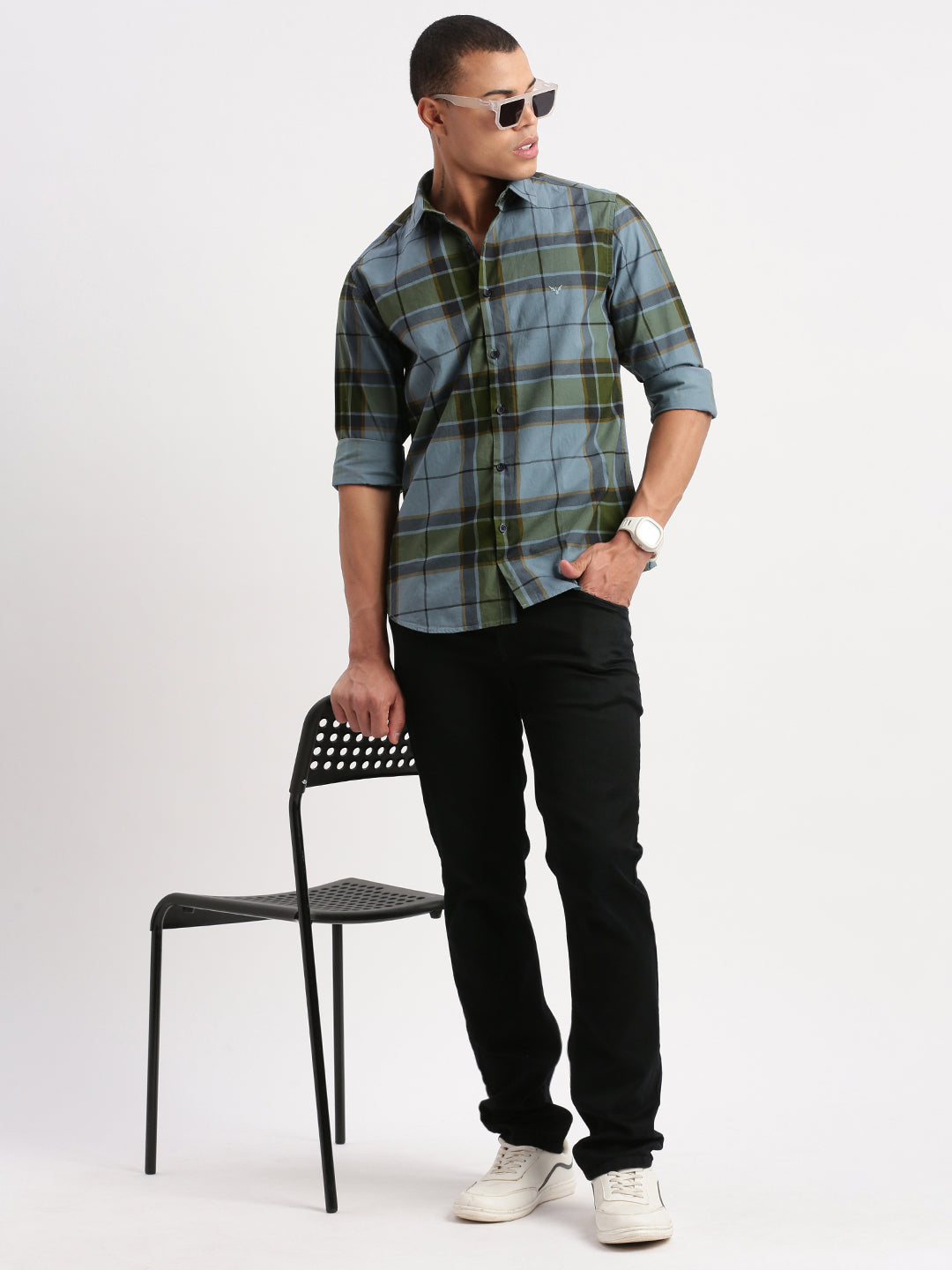 Men Tartan Checks Blue Shirt