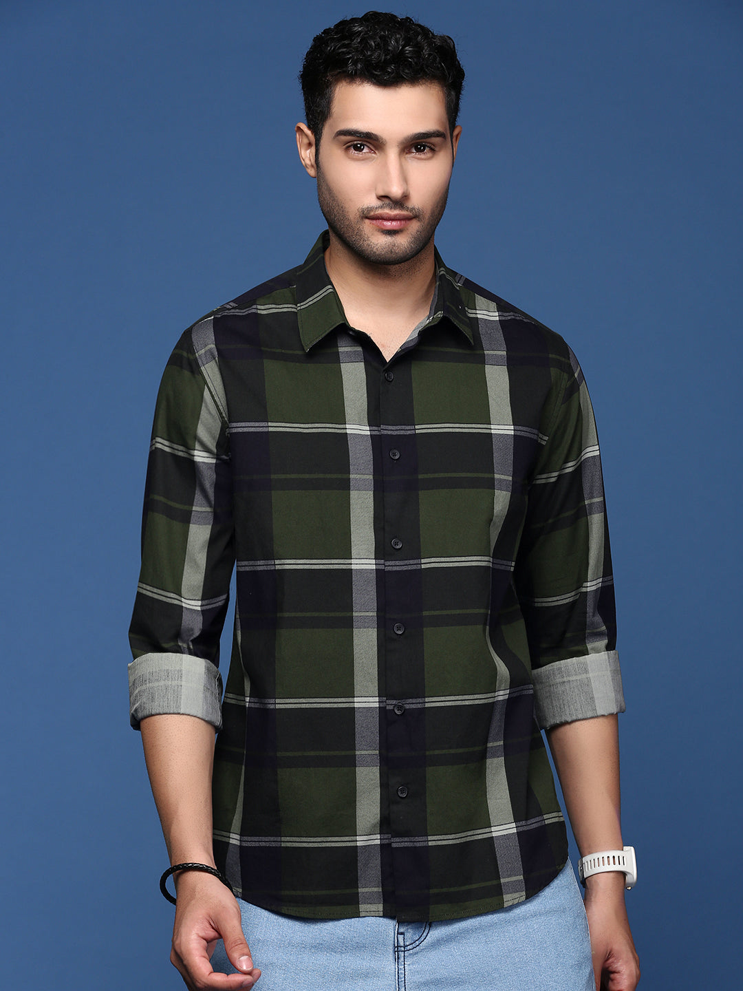 Men Checked Green Slim Fit Shirt