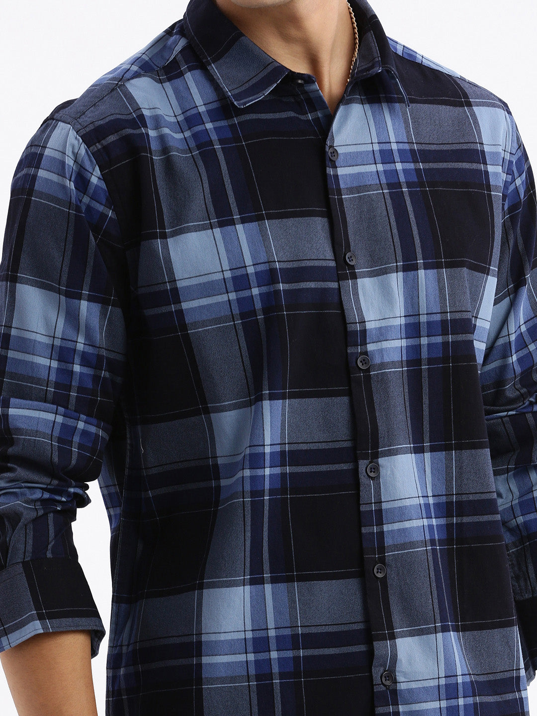 Men Spread Collar Checked Slim Fit Navy Blue Shirt