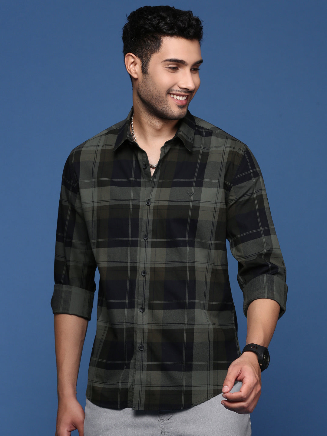 Men Checked Green Slim Fit Shirt