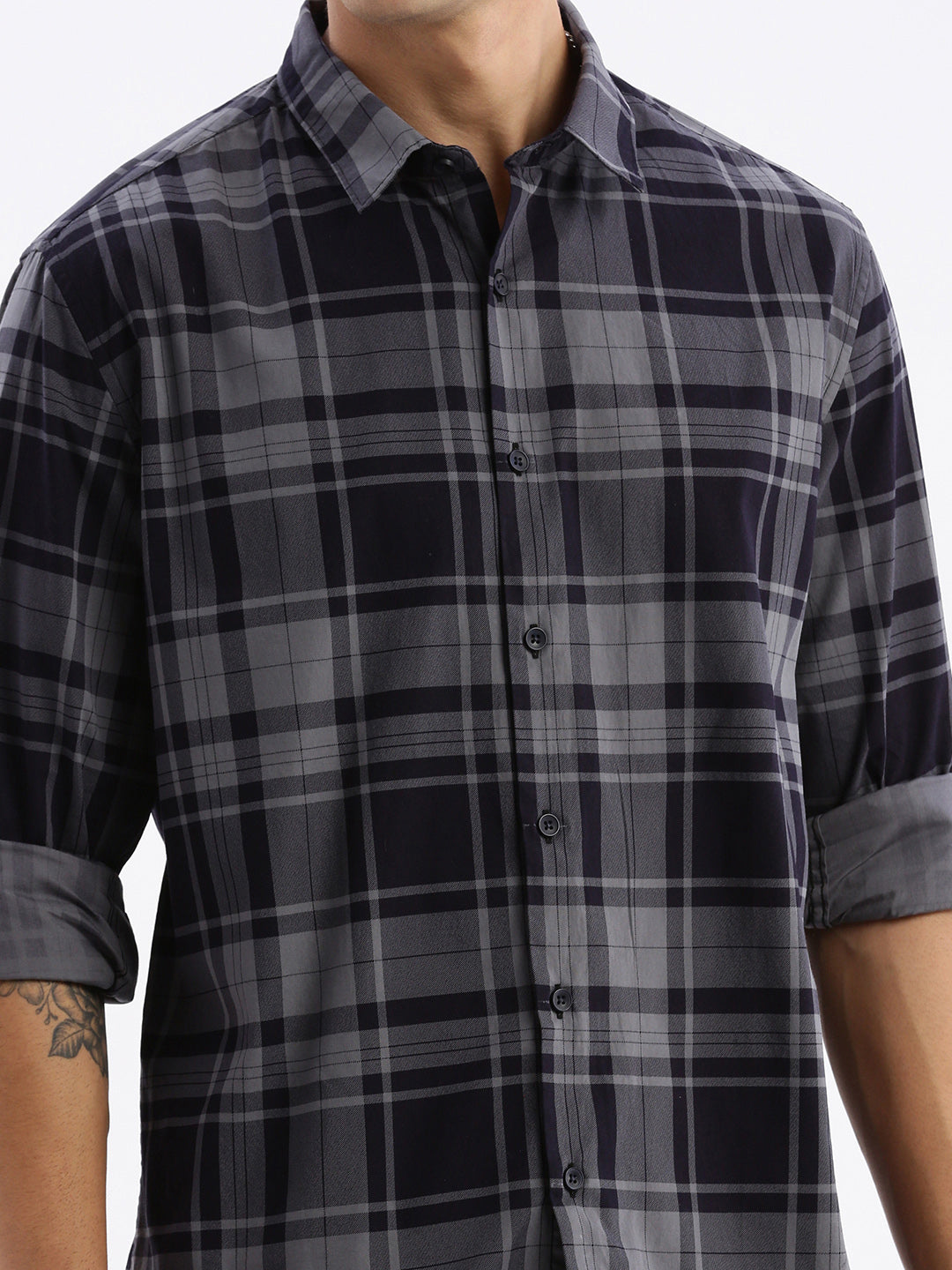 Men Spread Collar Checked Slim Fit Navy Blue Shirt