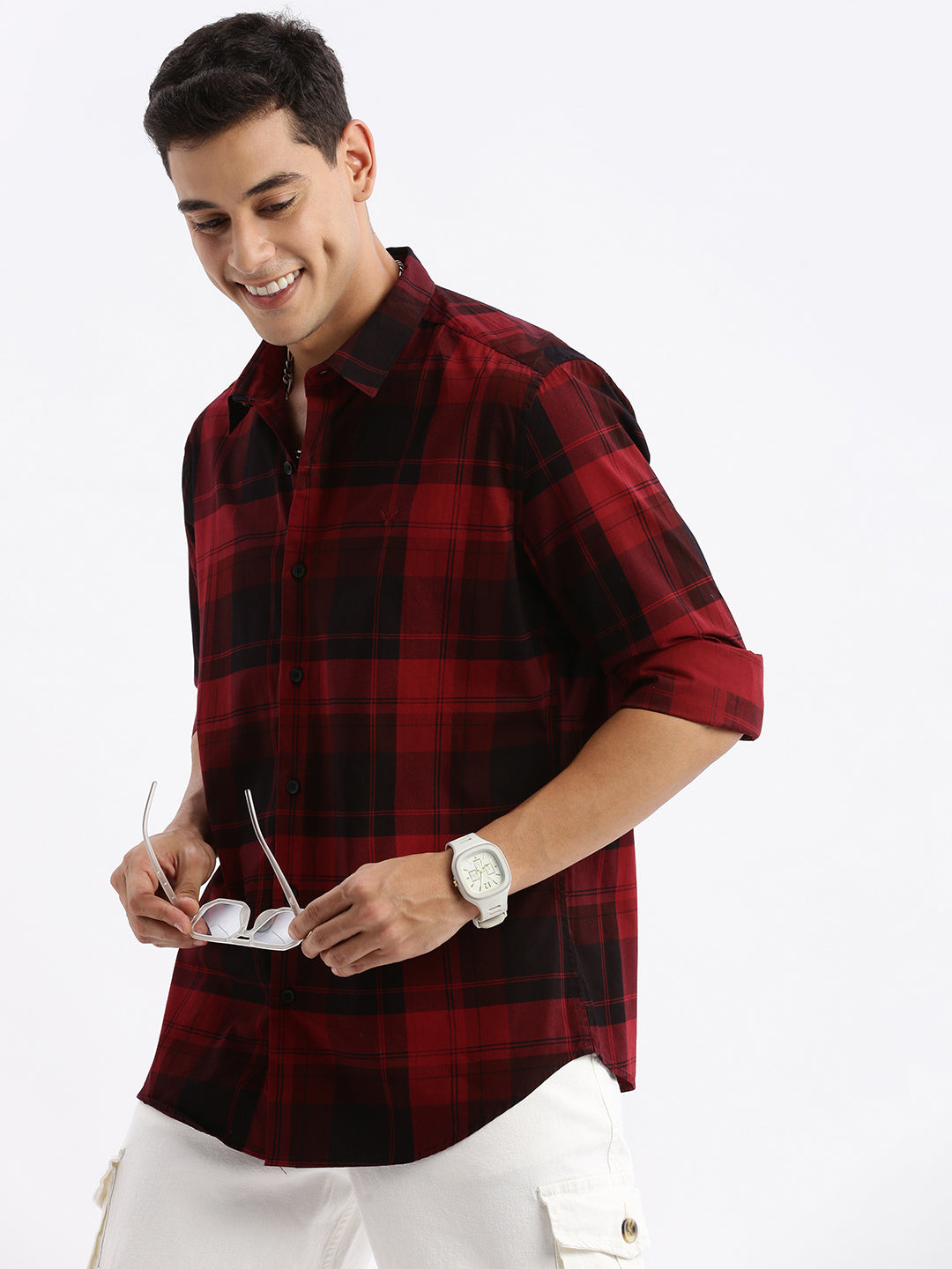 Men Spread Collar Checked Slim Fit Maroon Shirt