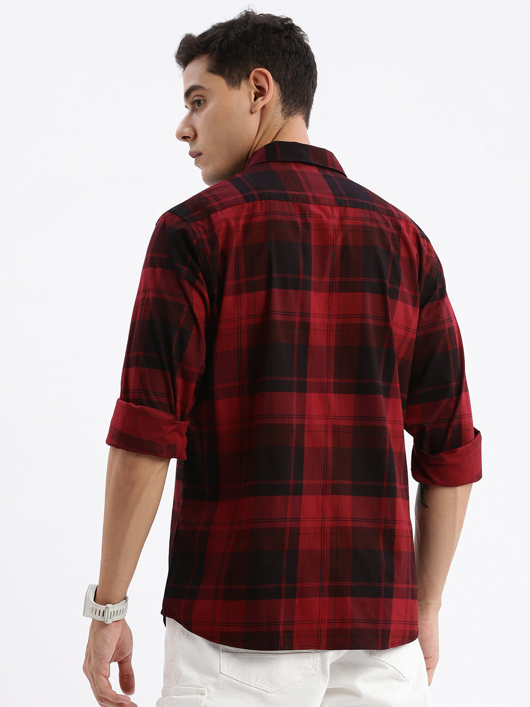 Men Spread Collar Checked Slim Fit Maroon Shirt