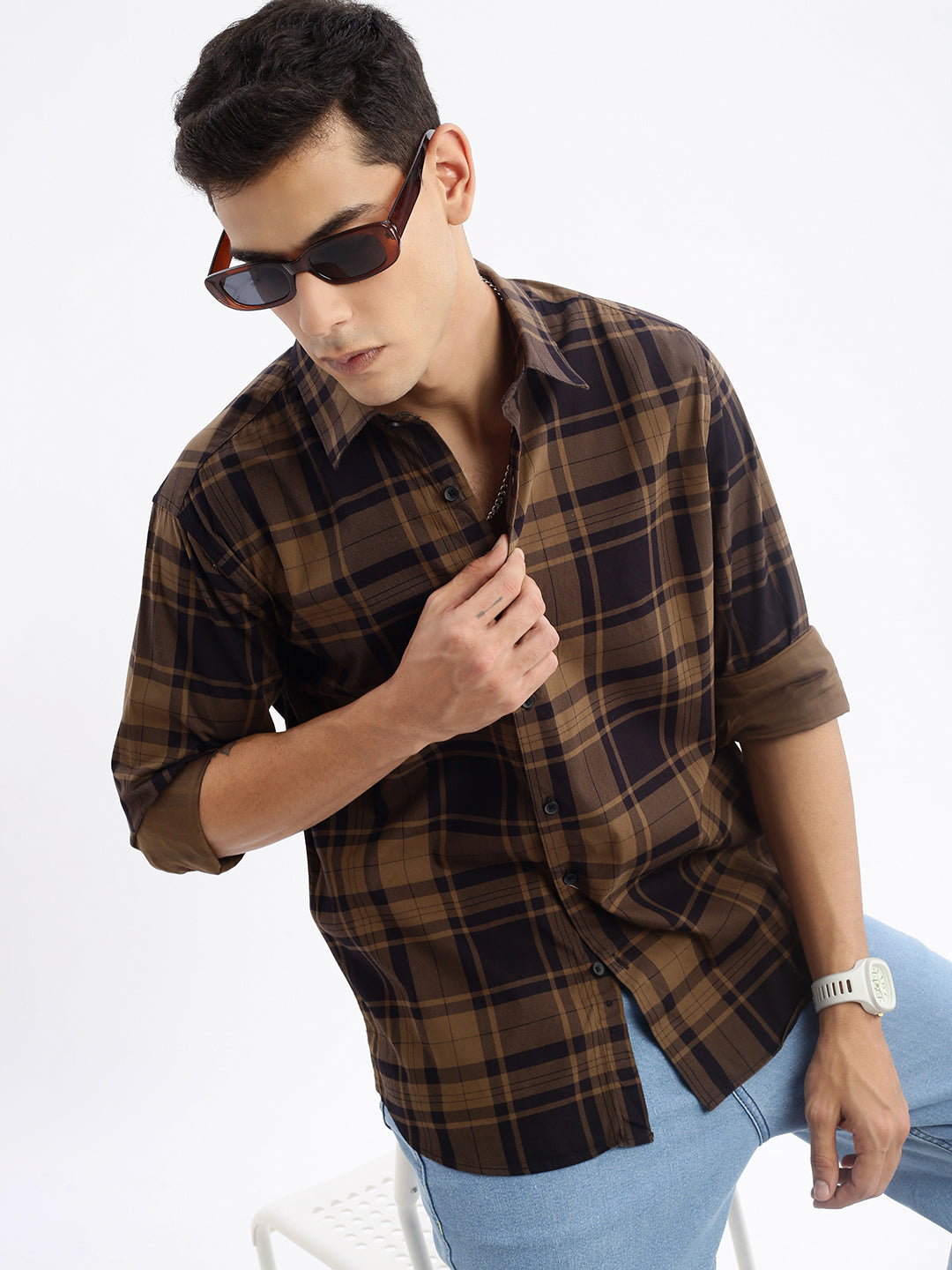 Men Spread Collar Checked Slim Fit Brown Shirt