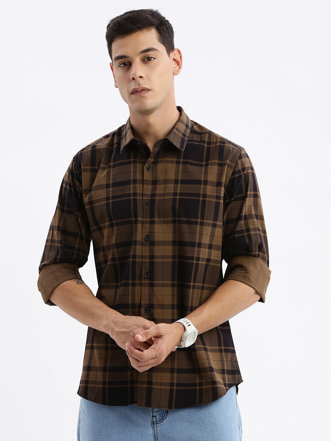 Men Spread Collar Checked Slim Fit Brown Shirt