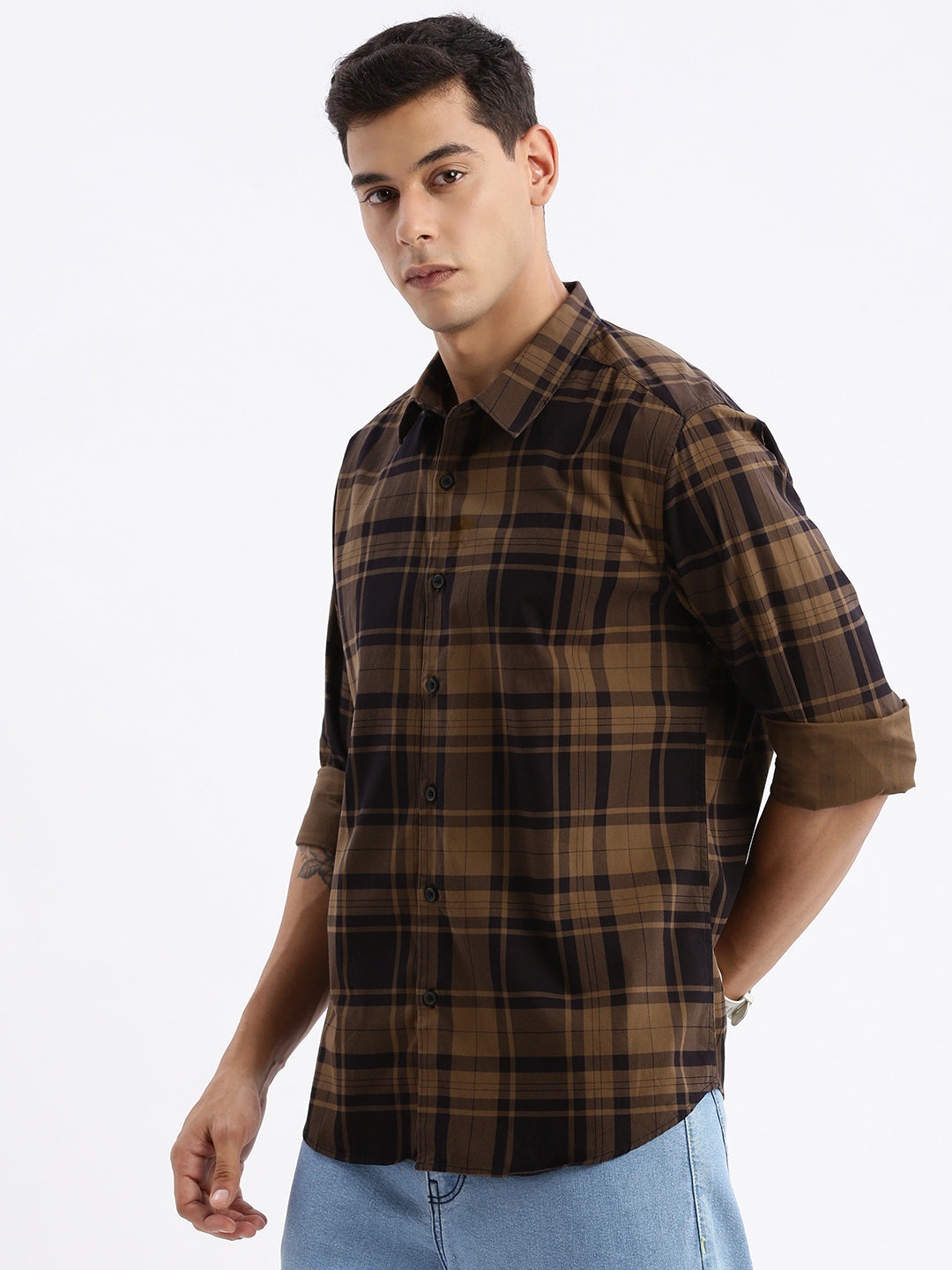 Men Spread Collar Checked Slim Fit Brown Shirt