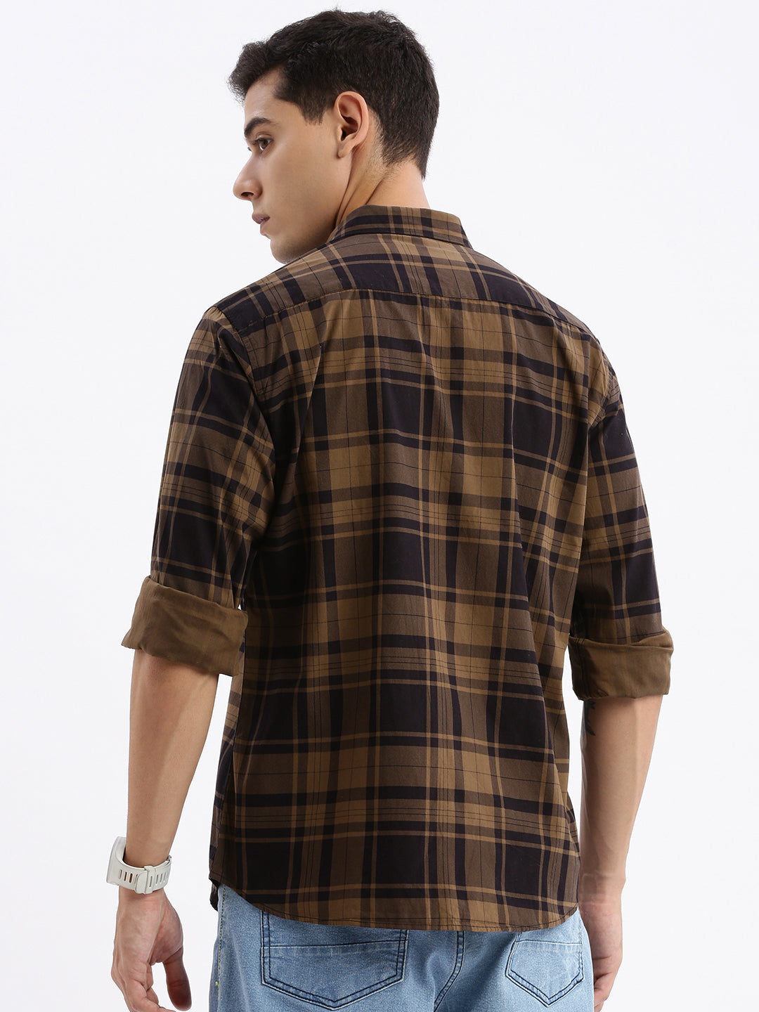 Men Spread Collar Checked Slim Fit Brown Shirt