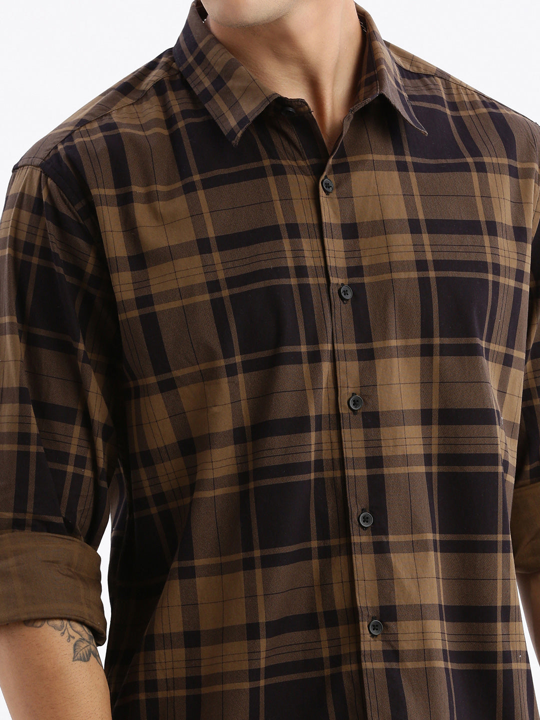 Men Spread Collar Checked Slim Fit Brown Shirt