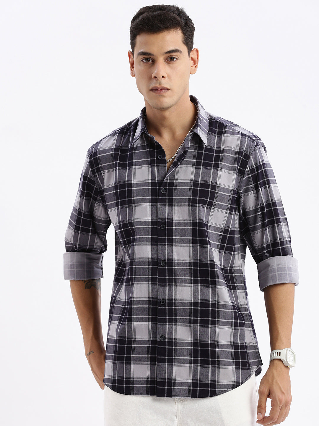 Men Spread Collar Checked Slim Fit Navy Blue Shirt