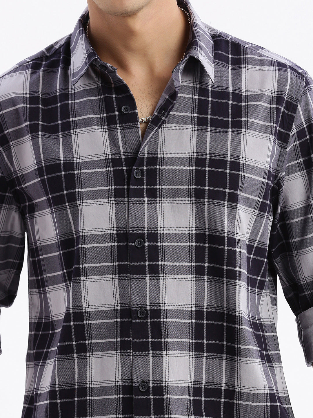 Men Spread Collar Checked Slim Fit Navy Blue Shirt