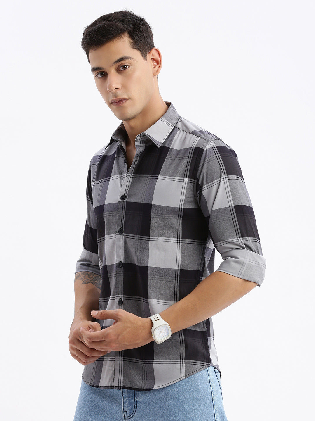 Men Spread Collar Checked Slim Fit Grey Shirt