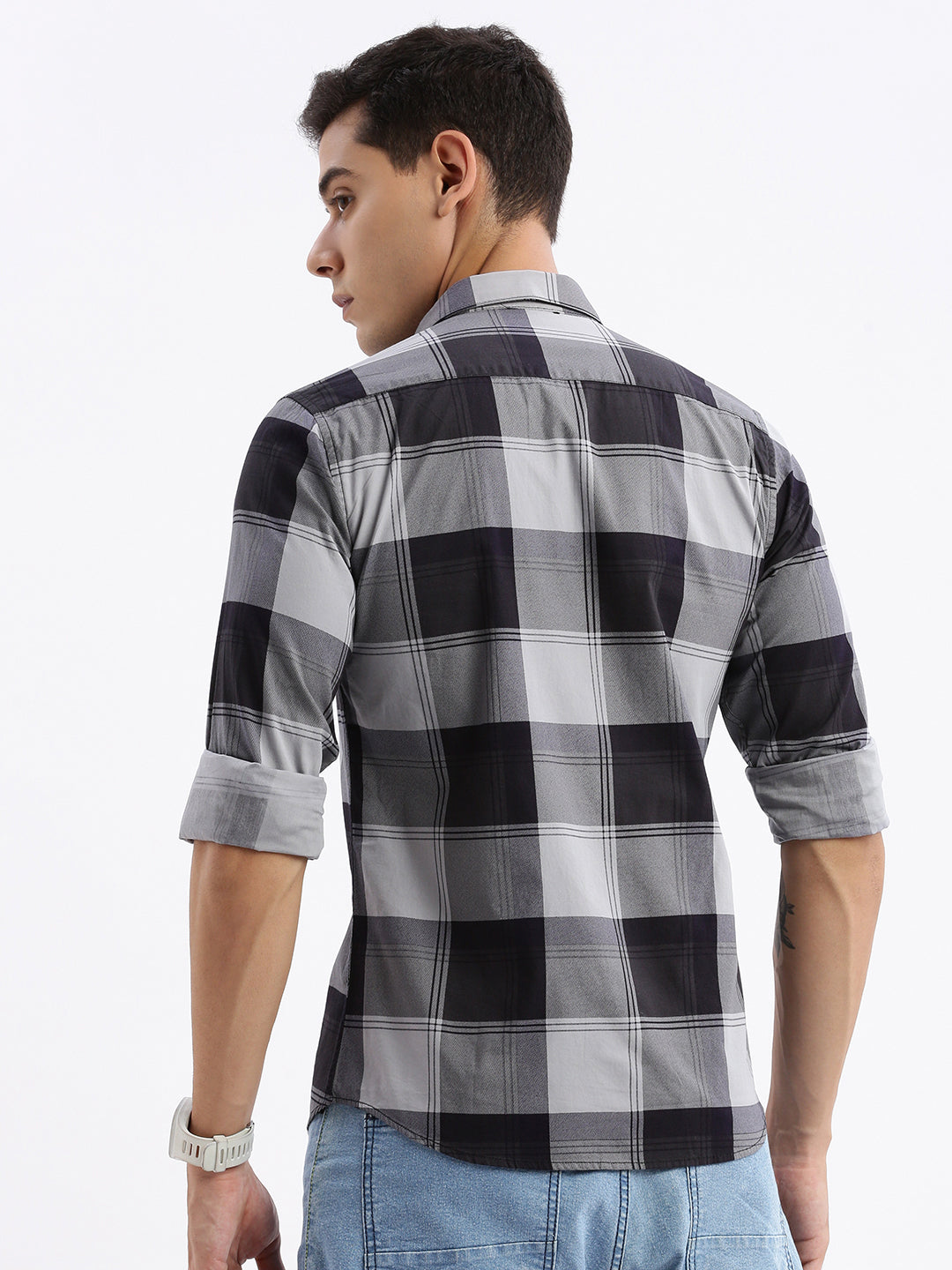 Men Spread Collar Checked Slim Fit Grey Shirt