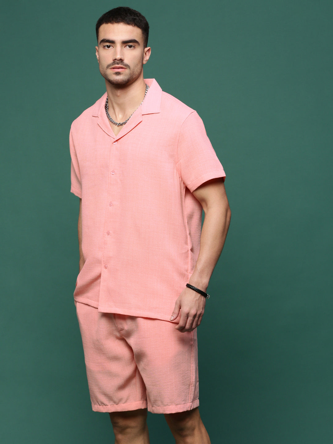 Men Peach Cuban Collar Solid Co Ords Set