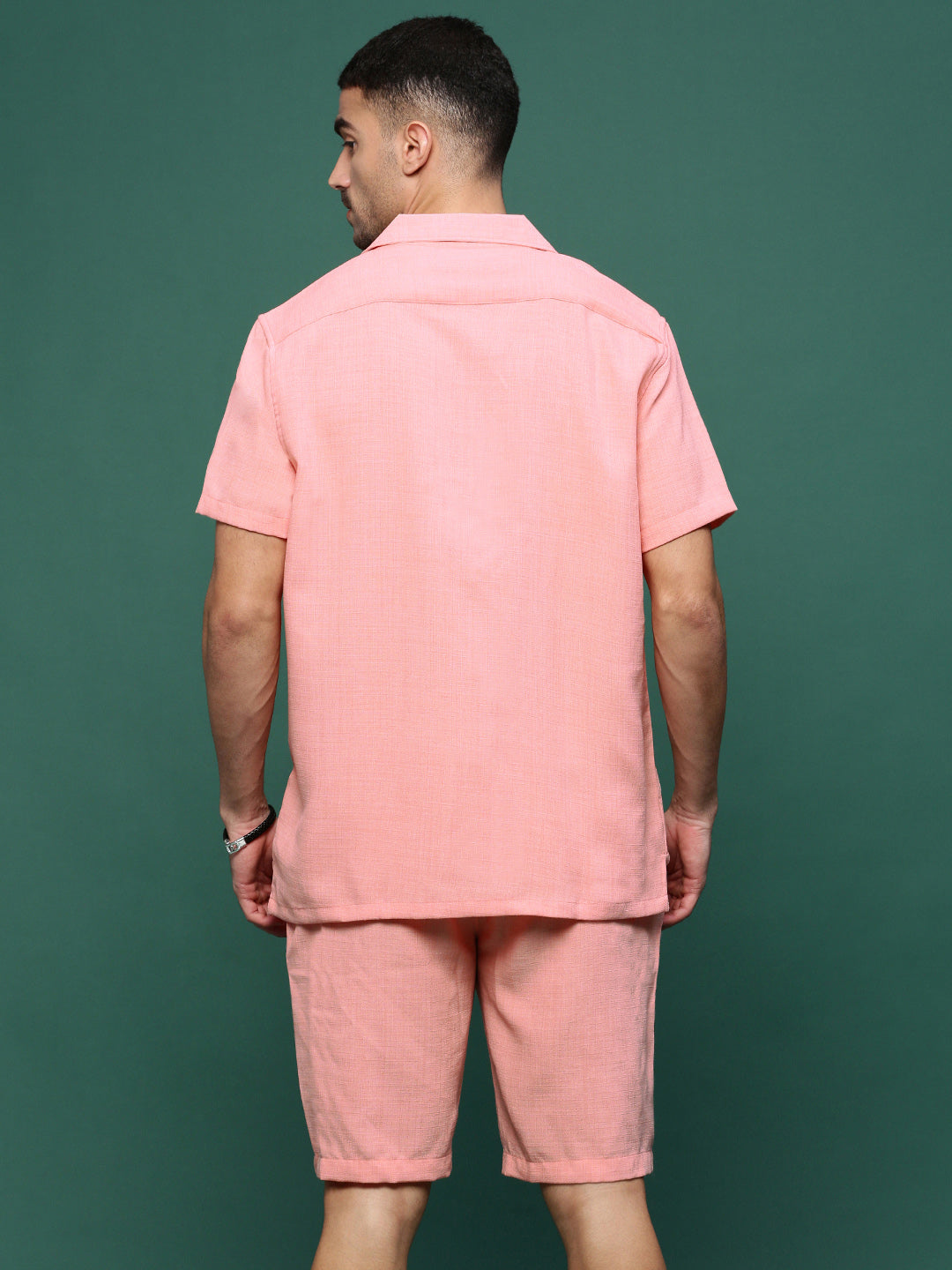 Men Peach Cuban Collar Solid Co Ords Set