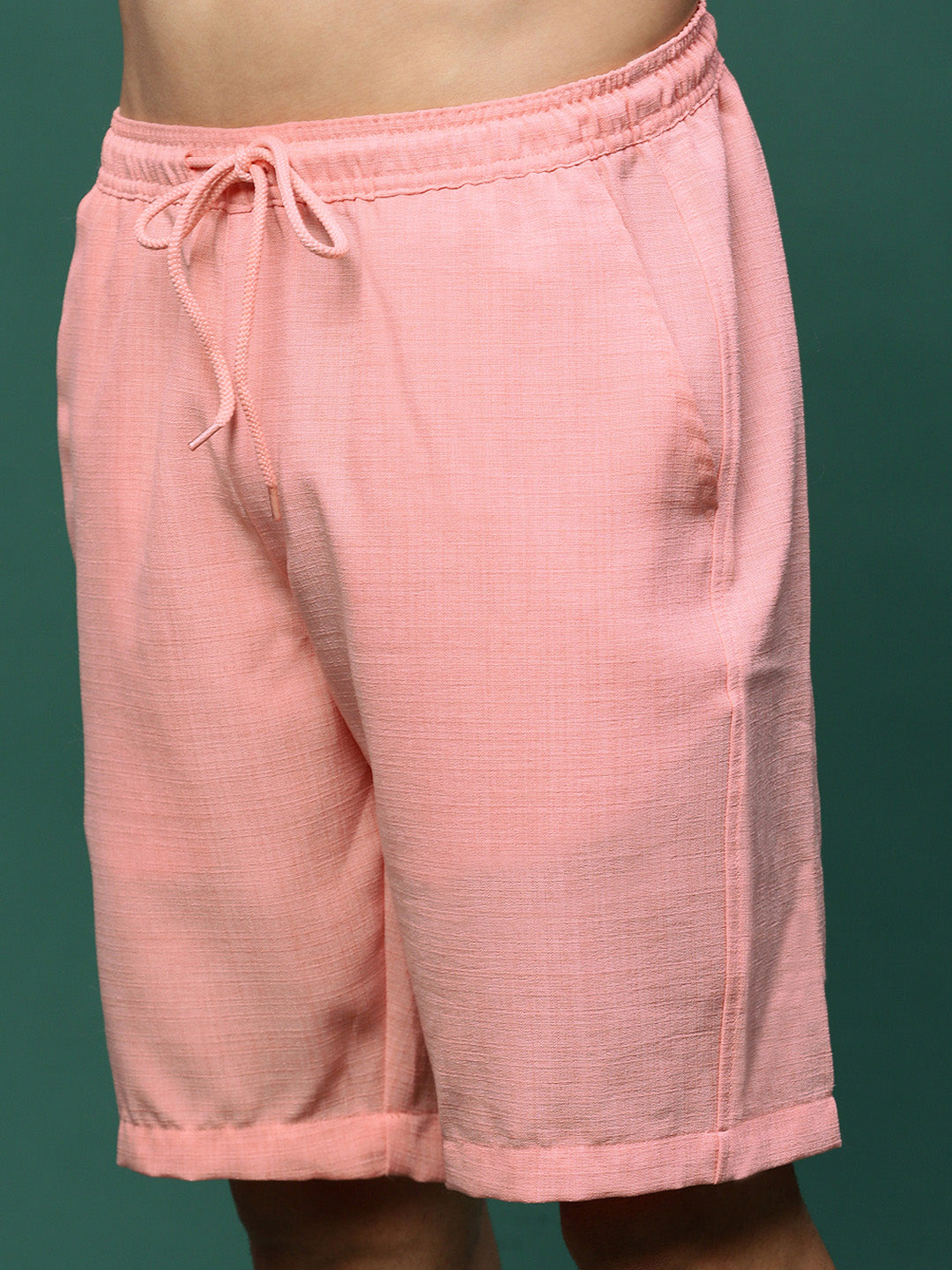 Men Peach Cuban Collar Solid Co Ords Set