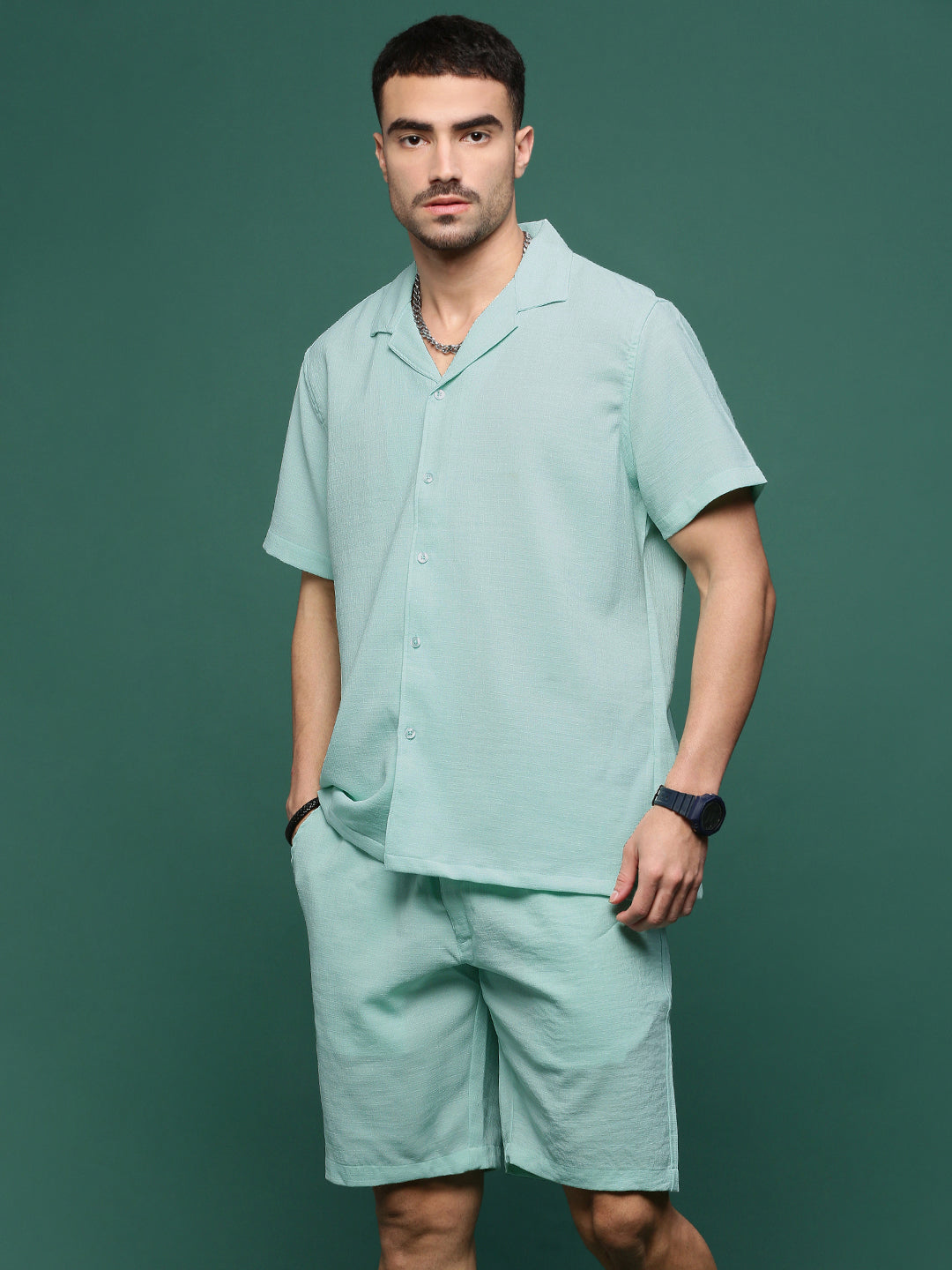 Men Sea Green Cuban Collar Solid Co Ords Set