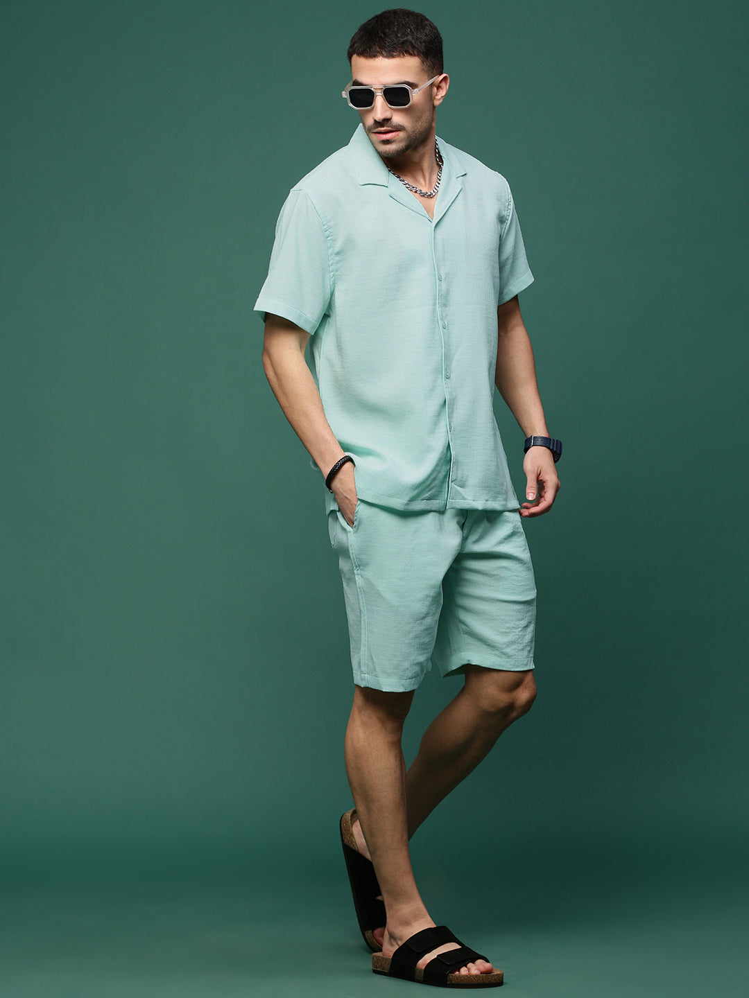 Men Sea Green Cuban Collar Solid Co Ords Set