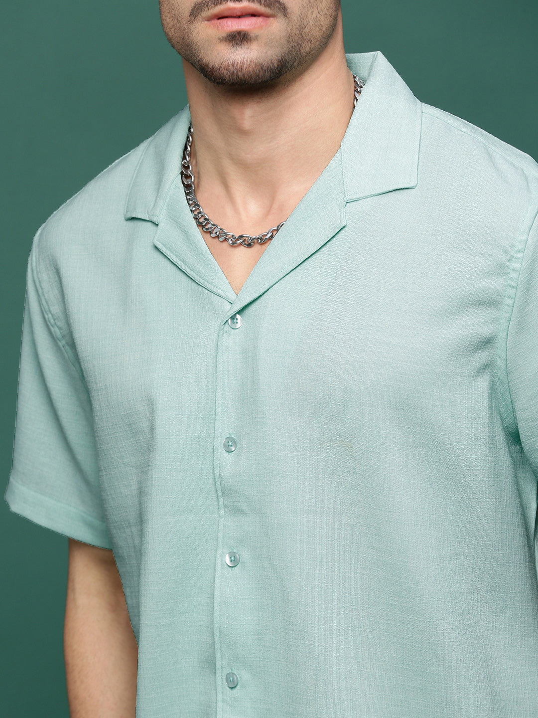 Men Sea Green Cuban Collar Solid Co Ords Set