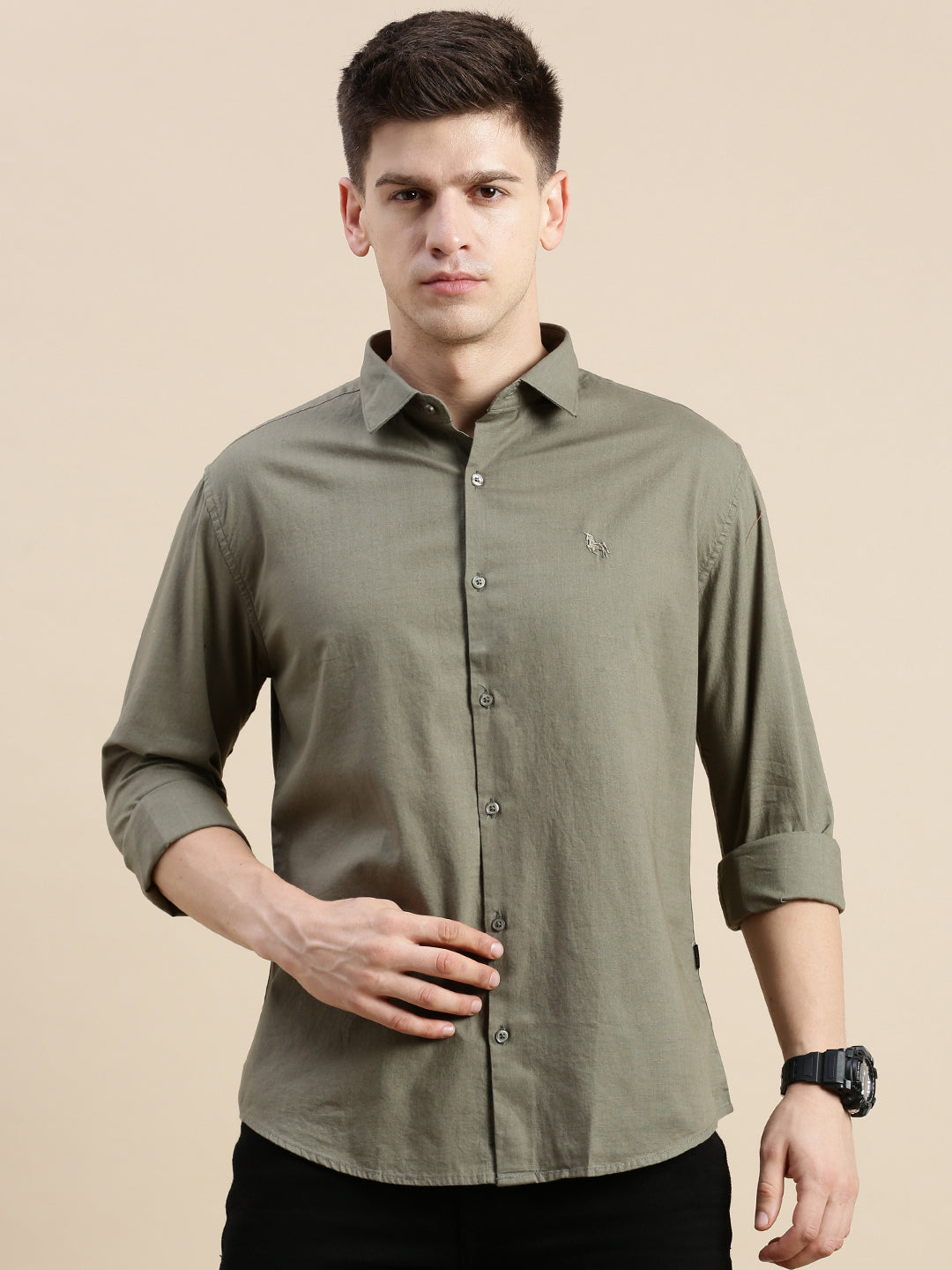 Men Spread Collar Solid Olive Shirt