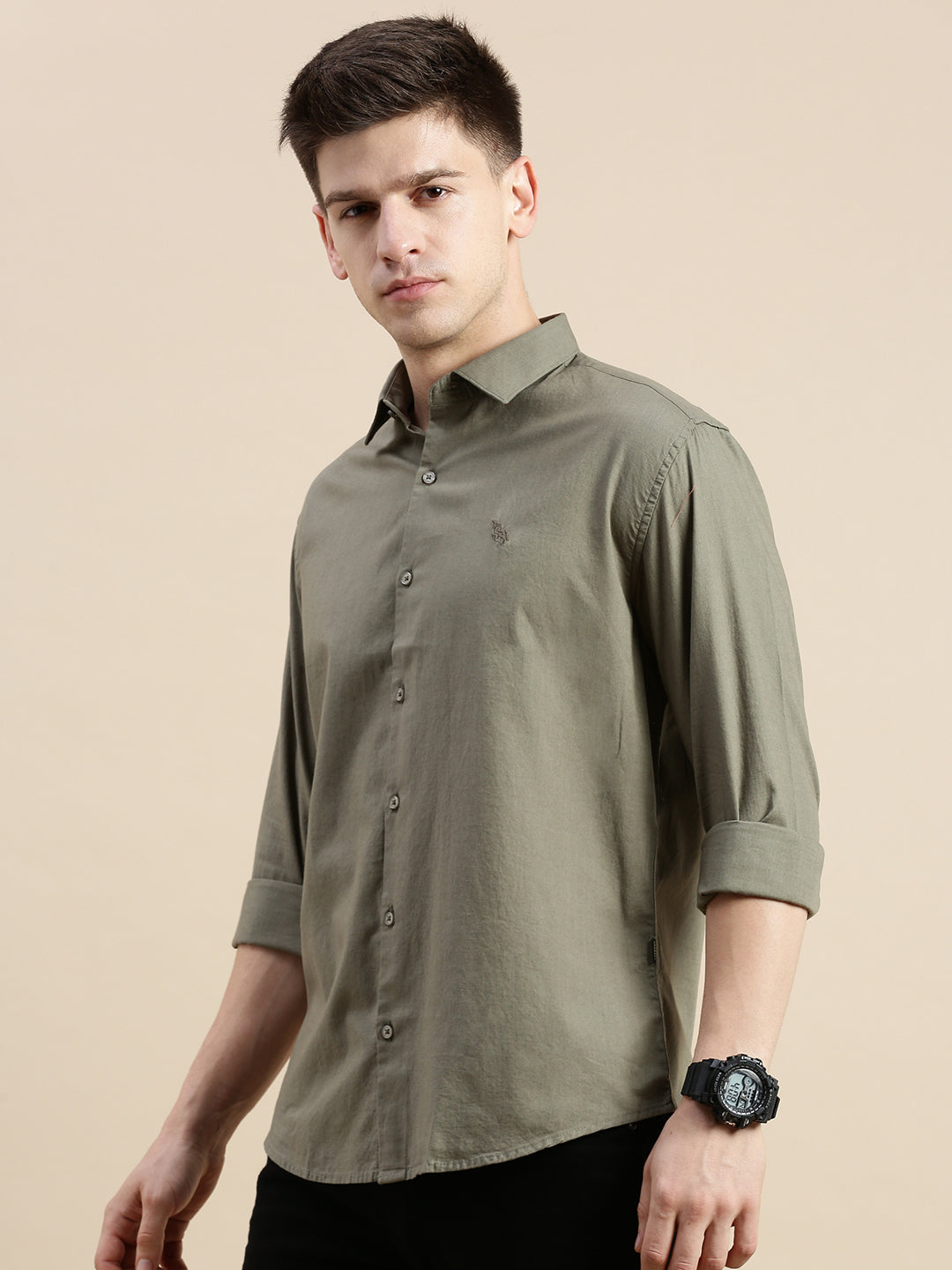 Men Spread Collar Solid Olive Shirt