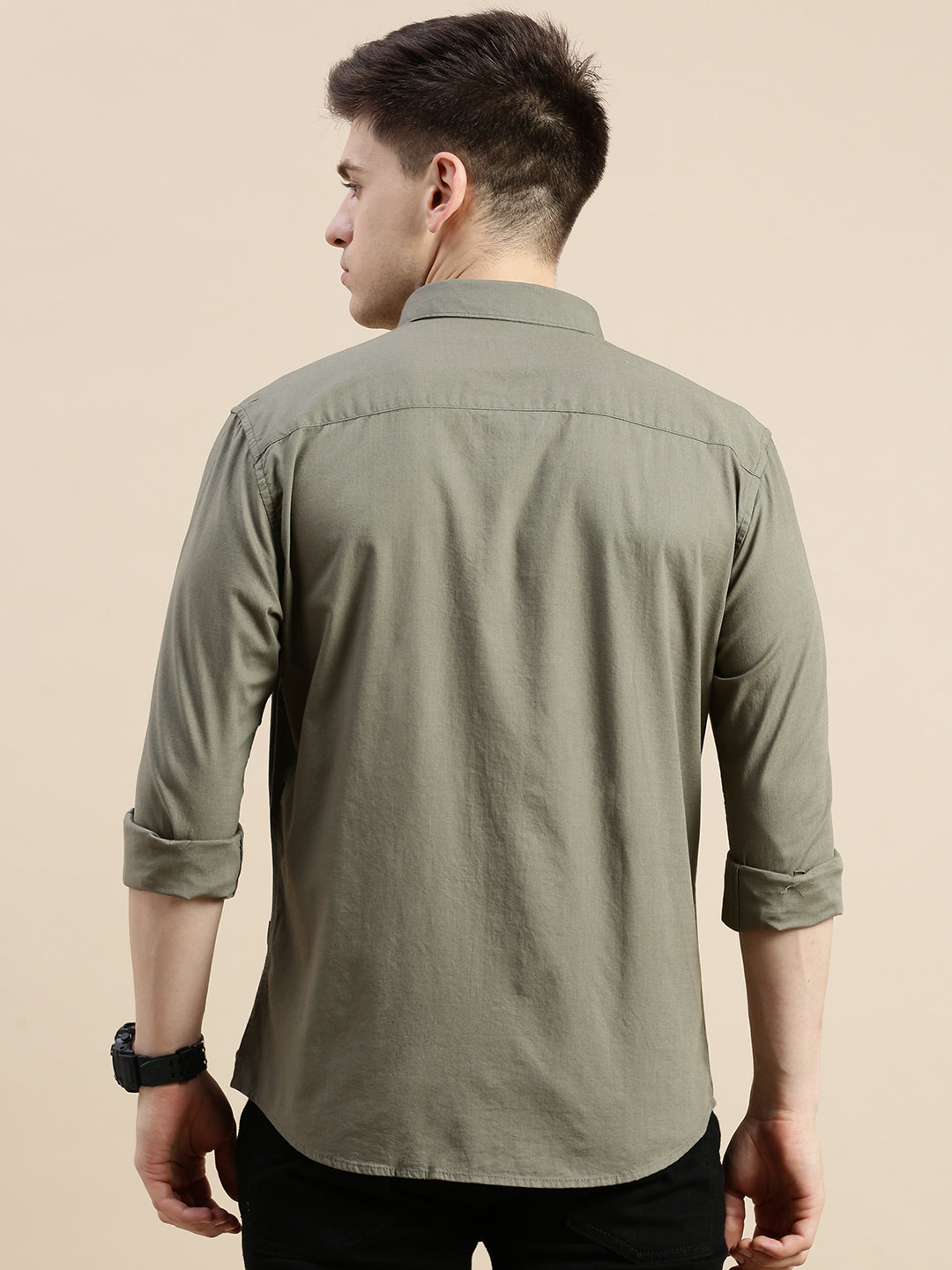 Men Spread Collar Solid Olive Shirt