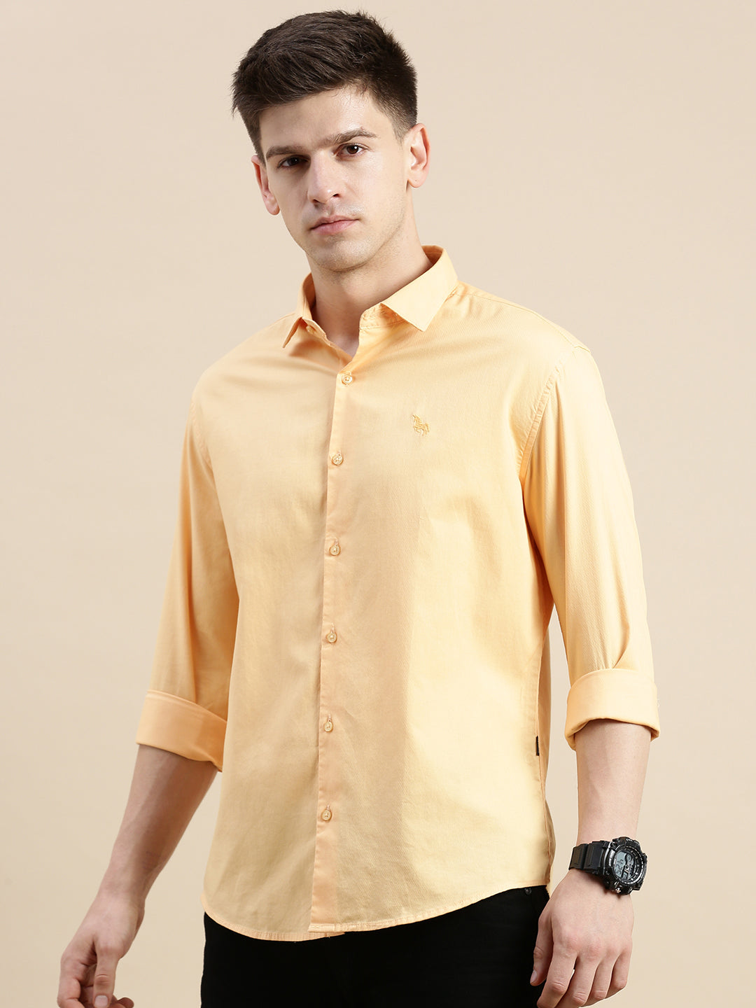 Men Spread Collar Solid Orange Shirt