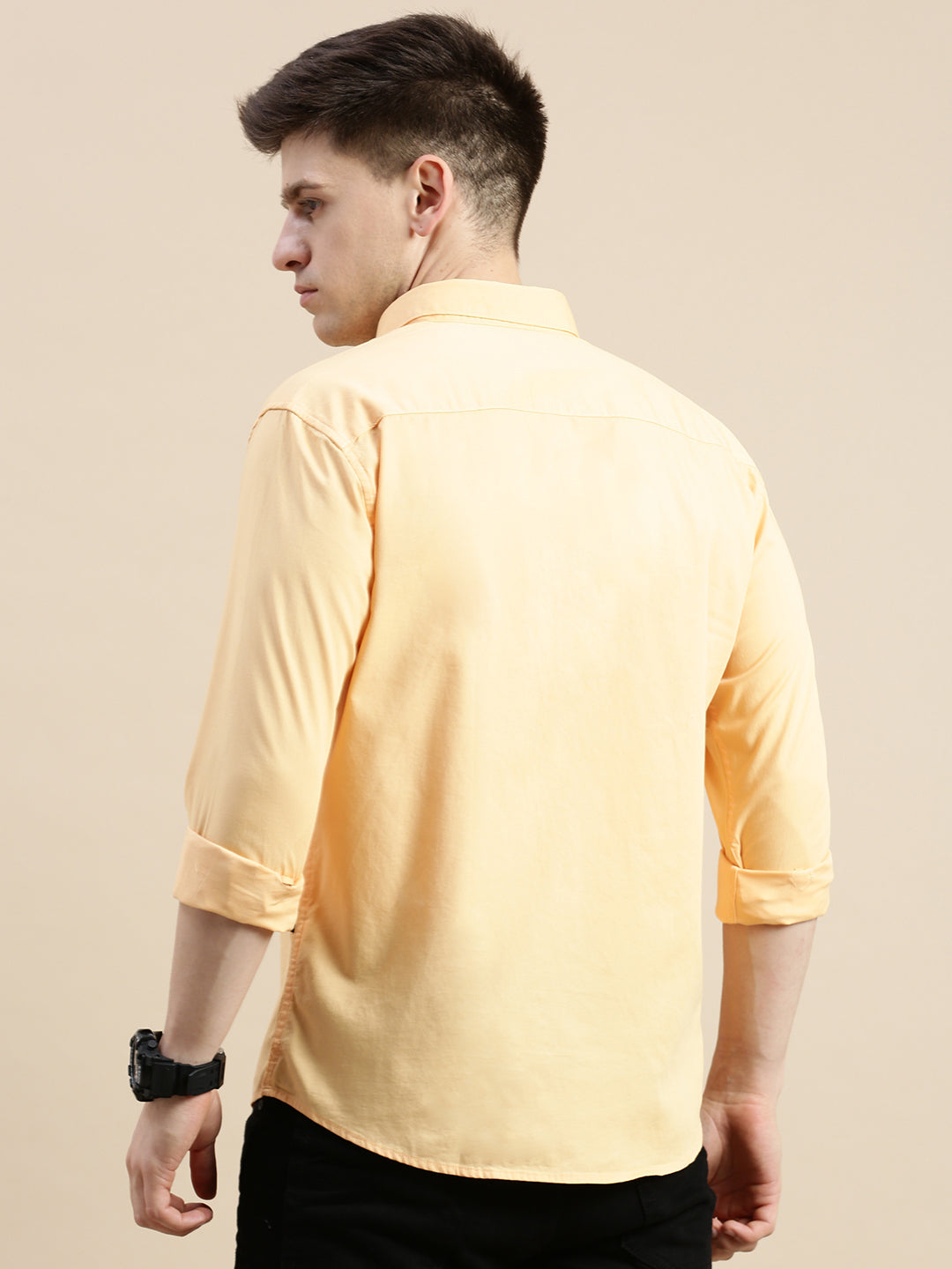 Men Spread Collar Solid Orange Shirt