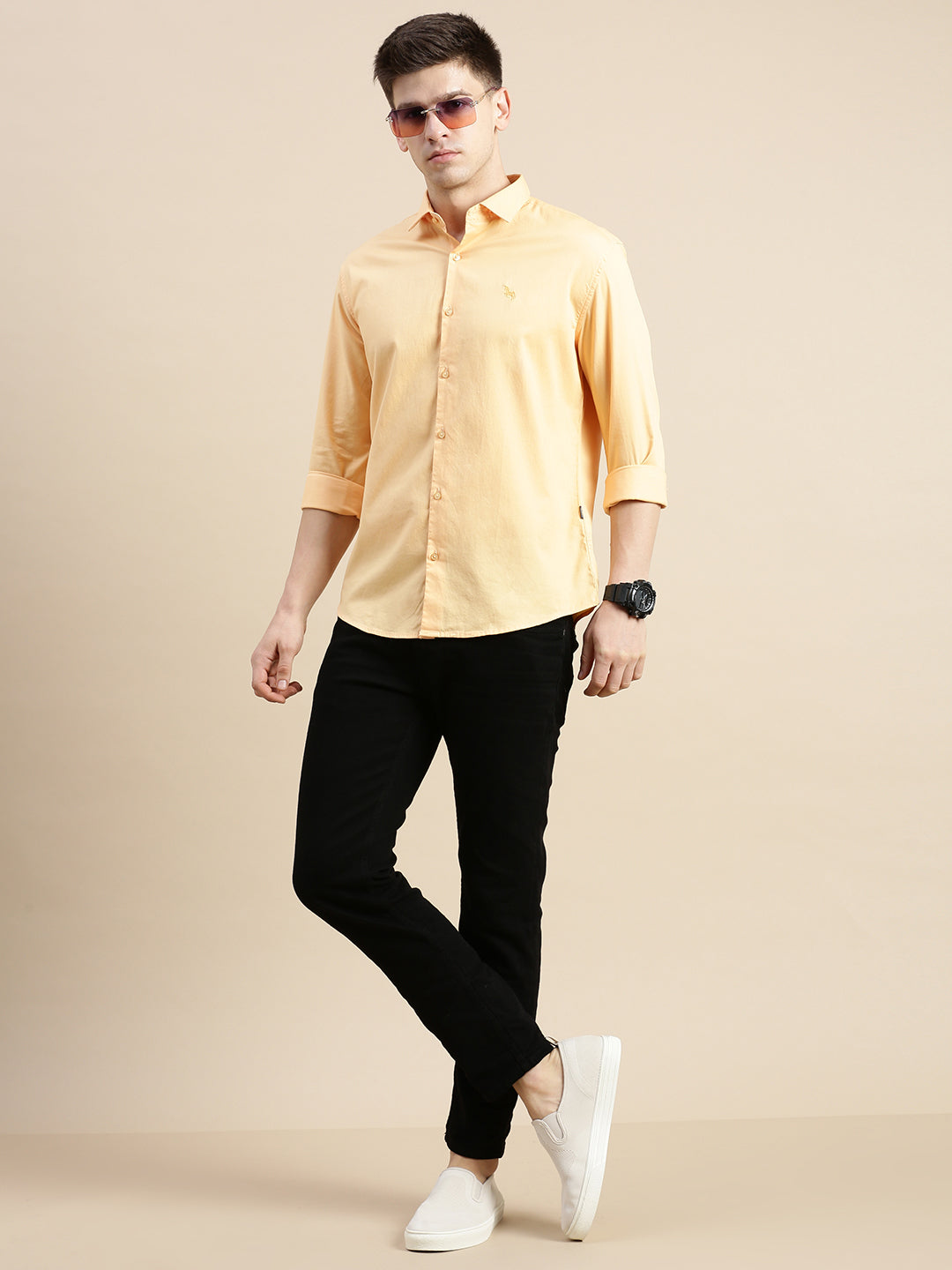 Men Spread Collar Solid Orange Shirt