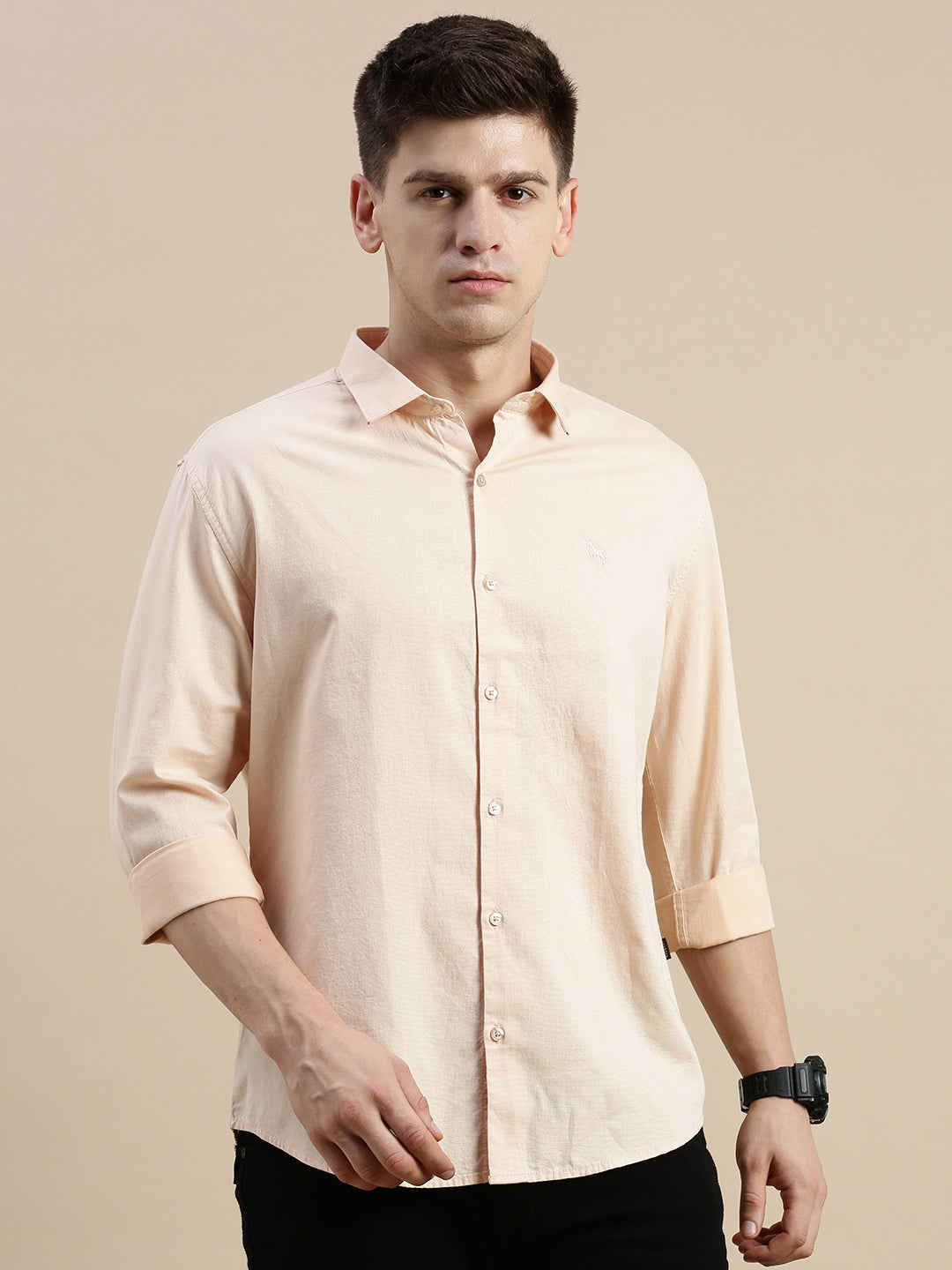 Men Spread Collar Solid Peach Shirt