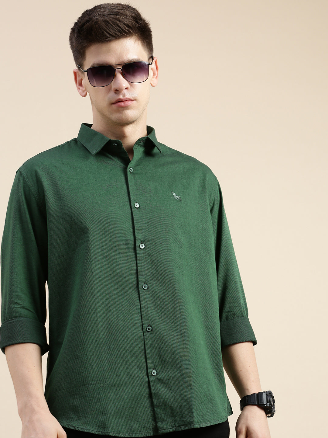 Men Spread Collar Solid Green Shirt