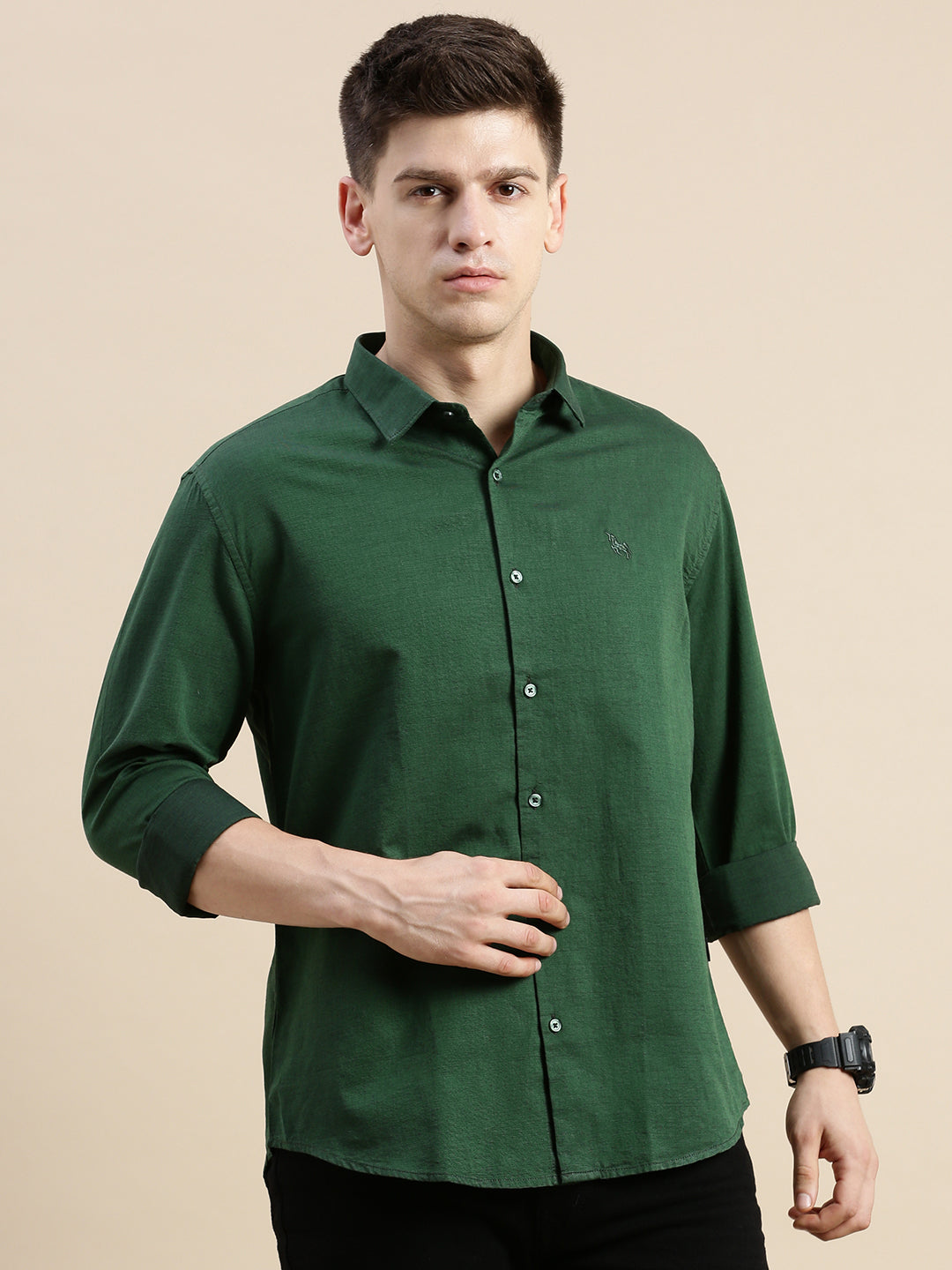 Men Spread Collar Solid Green Shirt